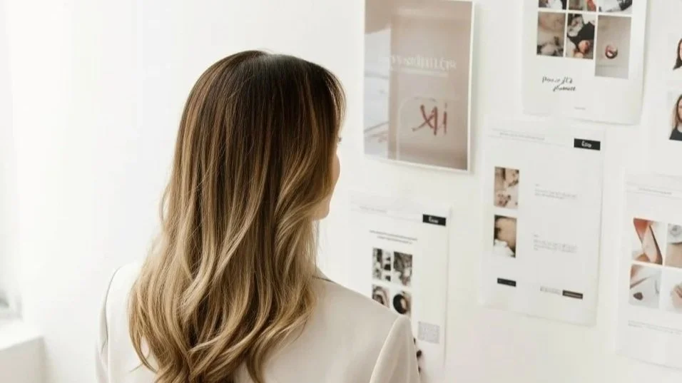 Woman with long, wavy brown hair looking at a wall with various papers and photos.