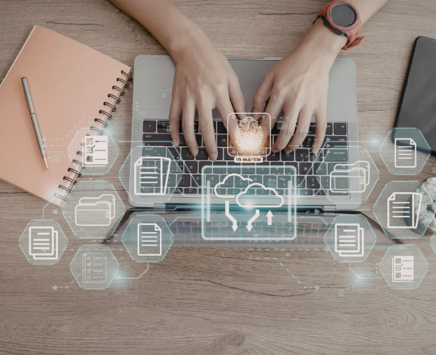 hands typing and computer images depicting ai computation, showcasing a partnership between the two.