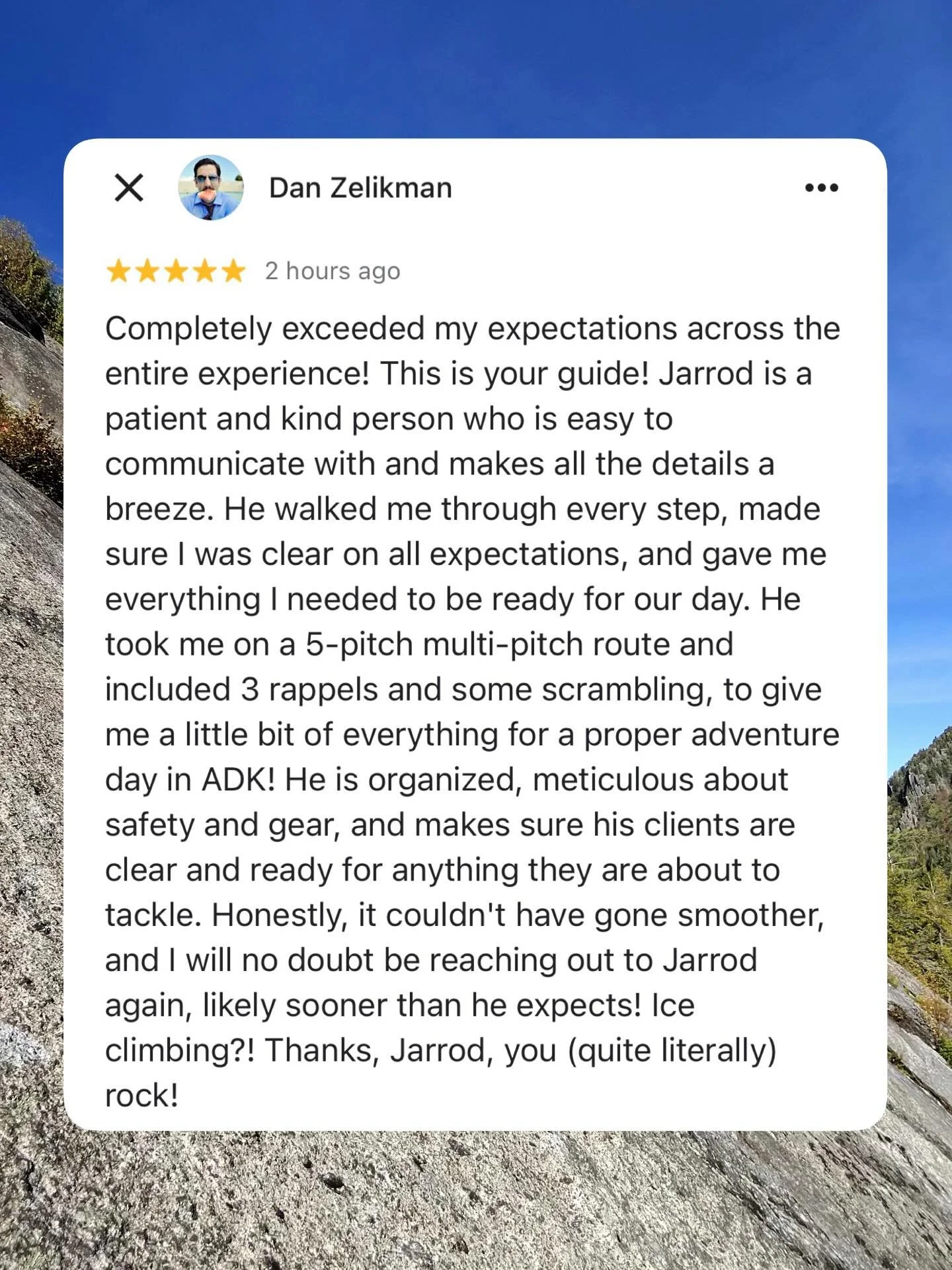 That’s so kind of you to say, @danzelikman! It was a joy to get out climbing with you. And yes — can’t wait to show you the ropes on ice! 🙌
We work very hard to make sure our clients have a great experience. From first contact thr