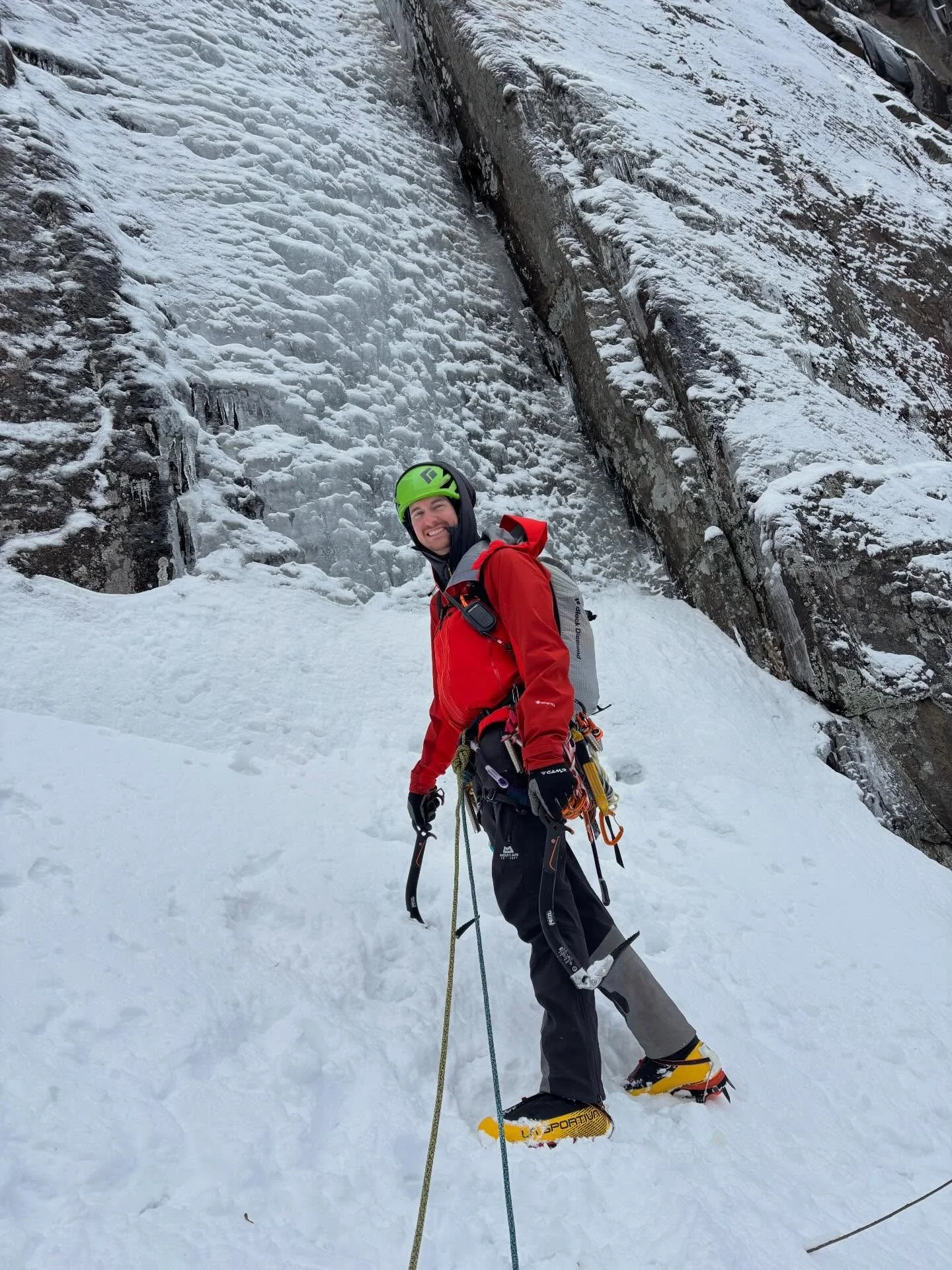 Neurosis (WI4-) with Shane today. What a route! P1 was thin and hollow for the first third, but got progressively better. P2 &amp; P3 were generally fat and happy. P4 was steep and hard. So good!
