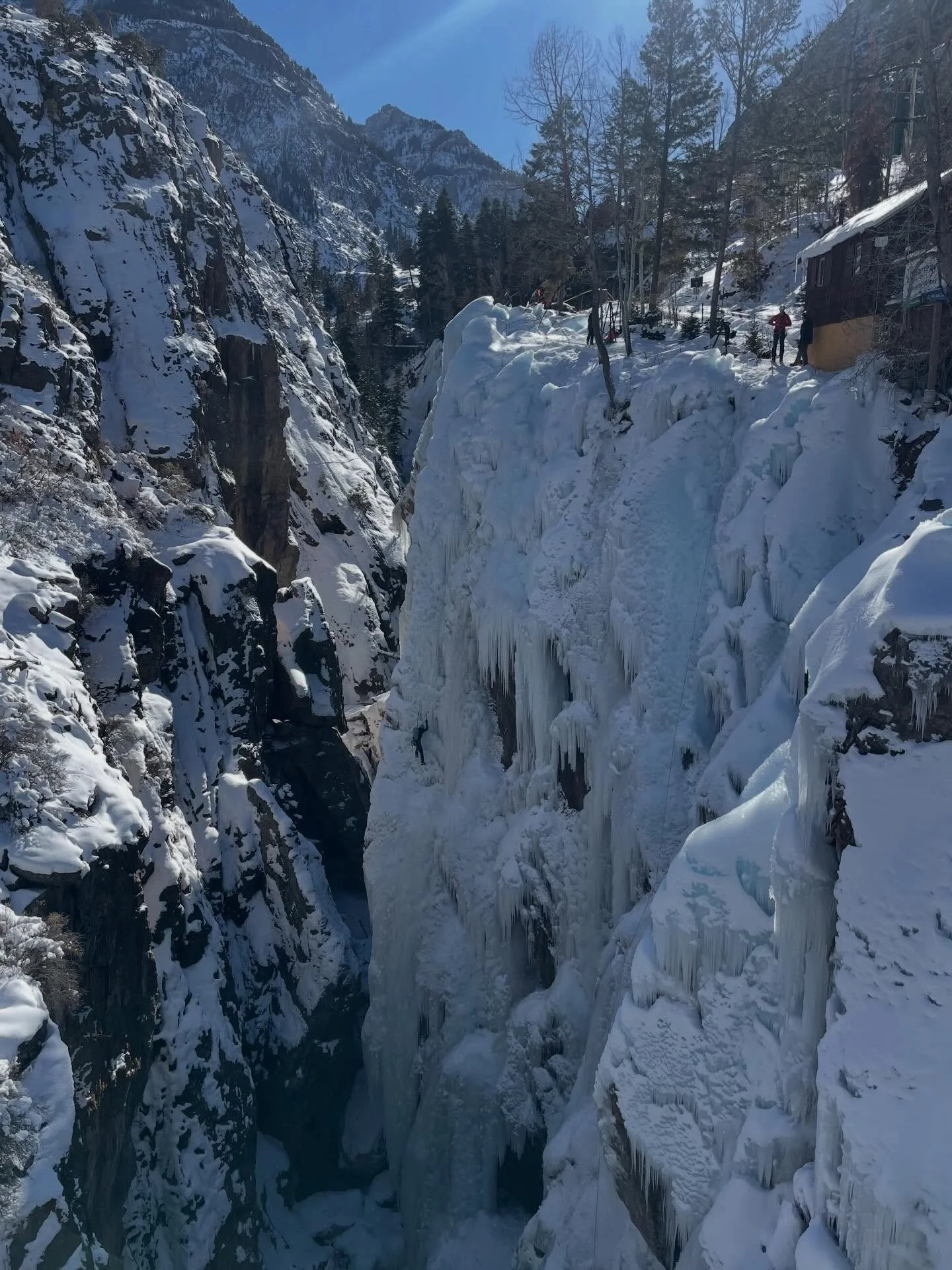 Day 3 at @ourayicepark with @adkclimb.club pals. We took on the longest and steepest lines yet at Pic of the Vic and ice fresh out of the oven at the Scottish Gullies. Spectacular positioning!
