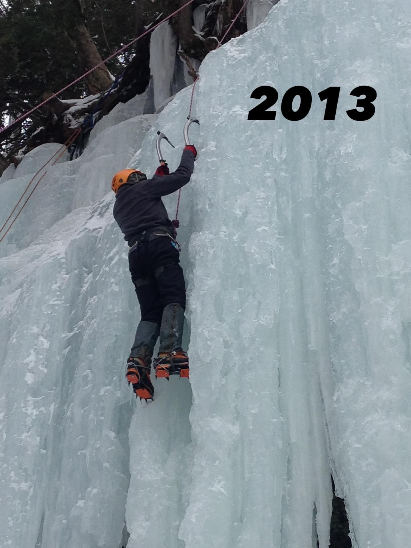 It was 13 years ago today that I was first introduced to ice climbing at the @michiganicefest. It&rsquo;s fun to look back at how goobery that first climbing day was with my tools upside down on my pack and terrible technique. 😆 Little did I know th