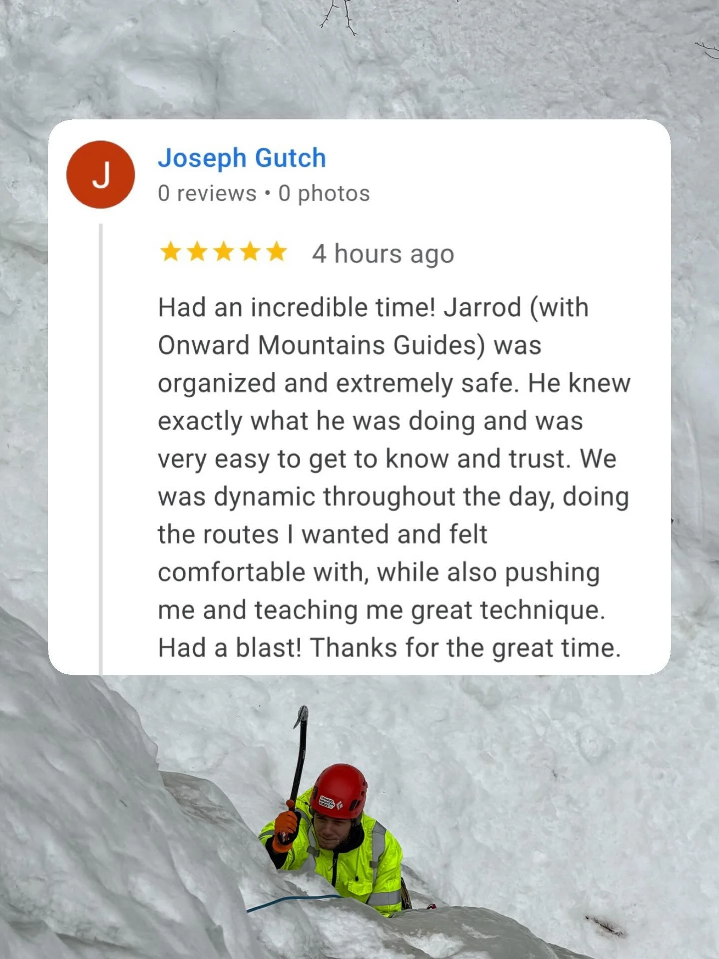 Joseph arrived ready to learn and soaked up everything I taught. He was able to dial in great technique from the start and will be ready for even bigger ice flows next time! Always a great day out when you&rsquo;re with a stoked guest. 🤘