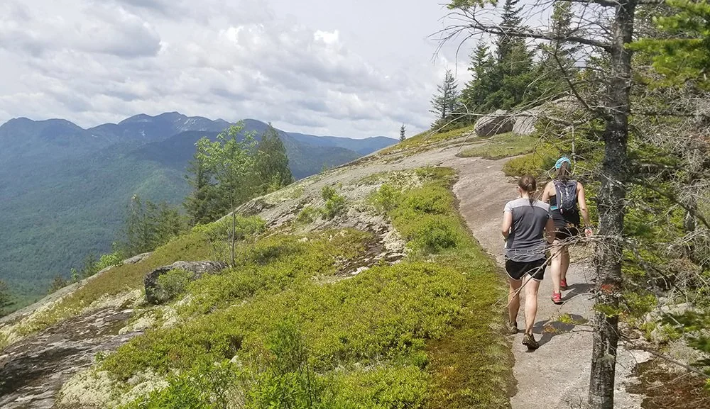 Two people hiking on a mountain trail through greenery and trees, with mountains in the background.