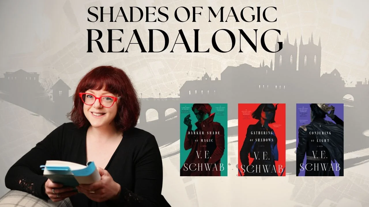A woman with red hair and glasses holding books, with a background featuring book covers of the 'Shades of Magic' series by V.E. Schwab. The series titles include 'Darker Shade of Magic,' 'Gathering of Shadows,' and 'Conjuring of Light.' The background also has a faint cityscape illustration.