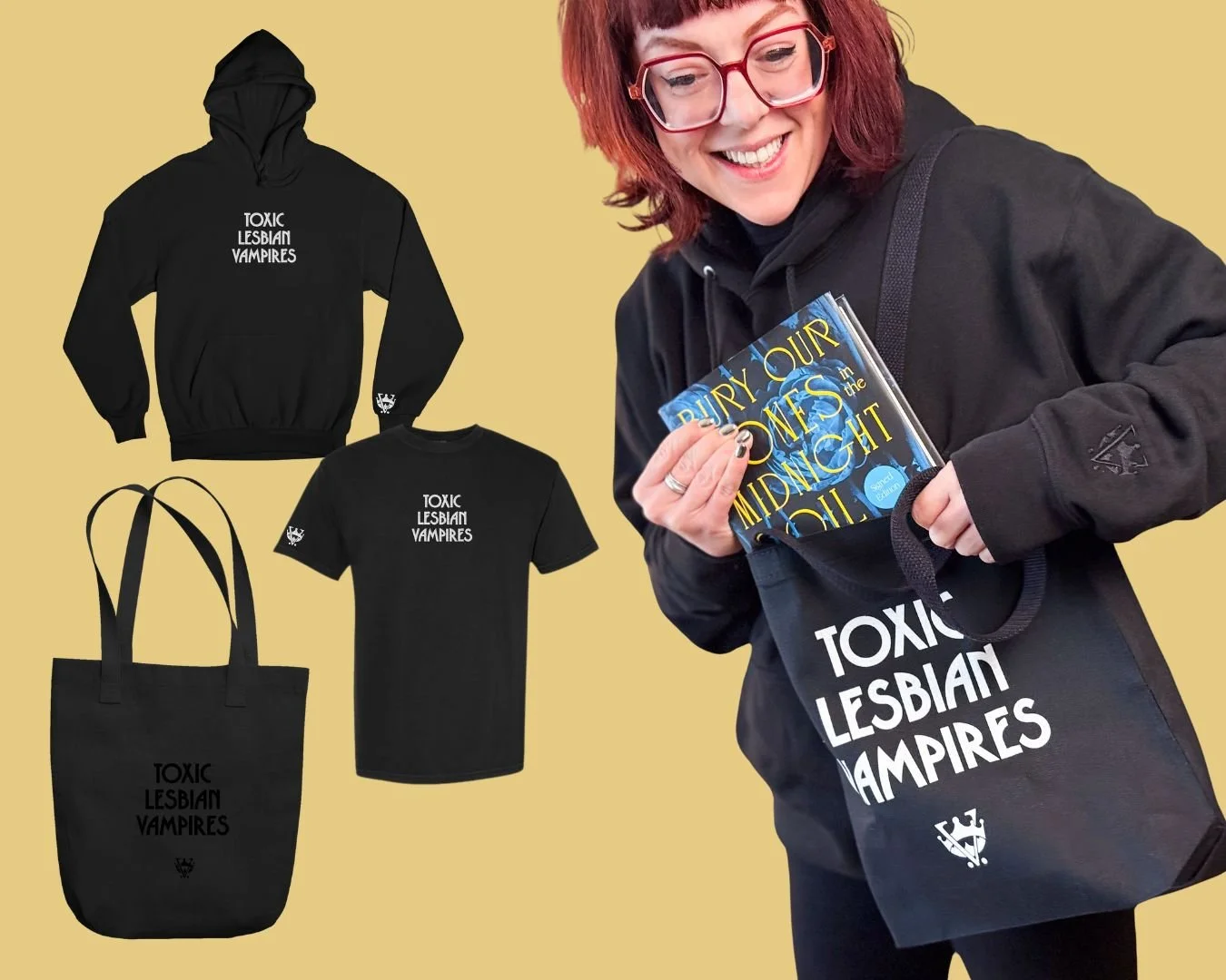 image of schwab in a toxic lesbian vampire hoodie with a tote