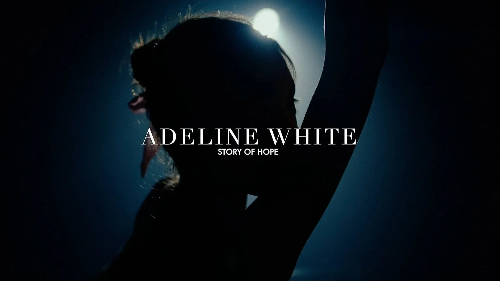 Silhouette of a woman with her arm raised, backlit by a bright light, with text overlay "Adeline White: Story of Hope."
