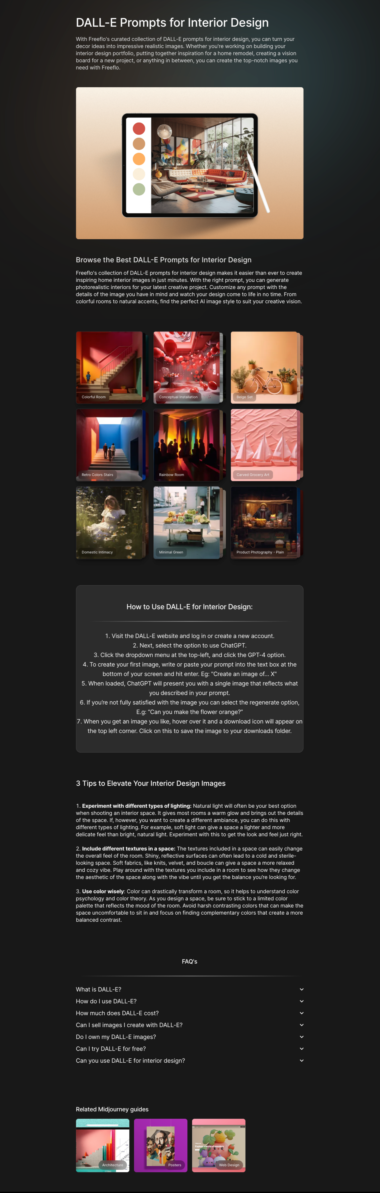 Educational landing page design created to teach users how to use DALL-E for interior design images.