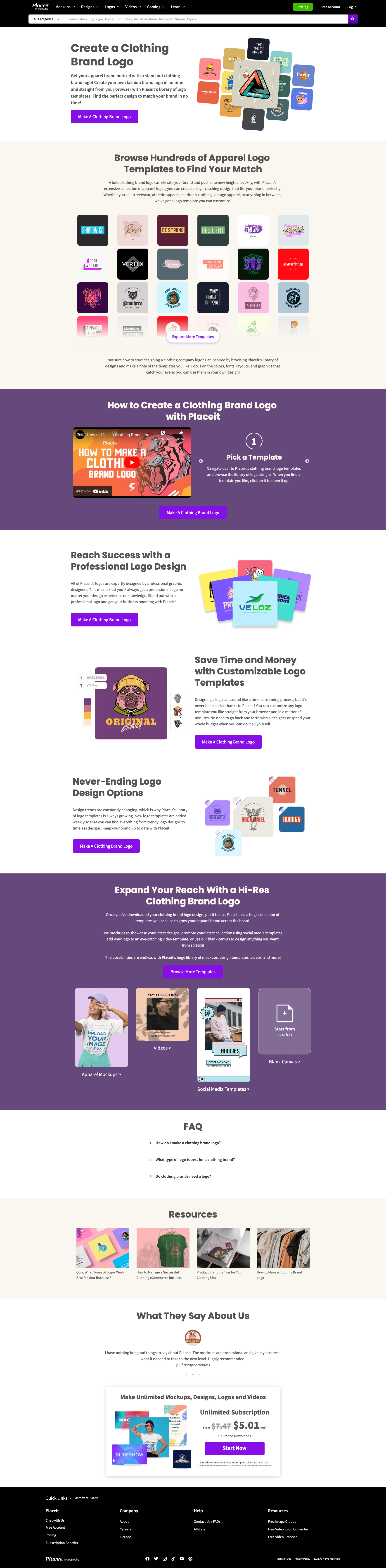Landing page design advertising a clothing brand logo maker.