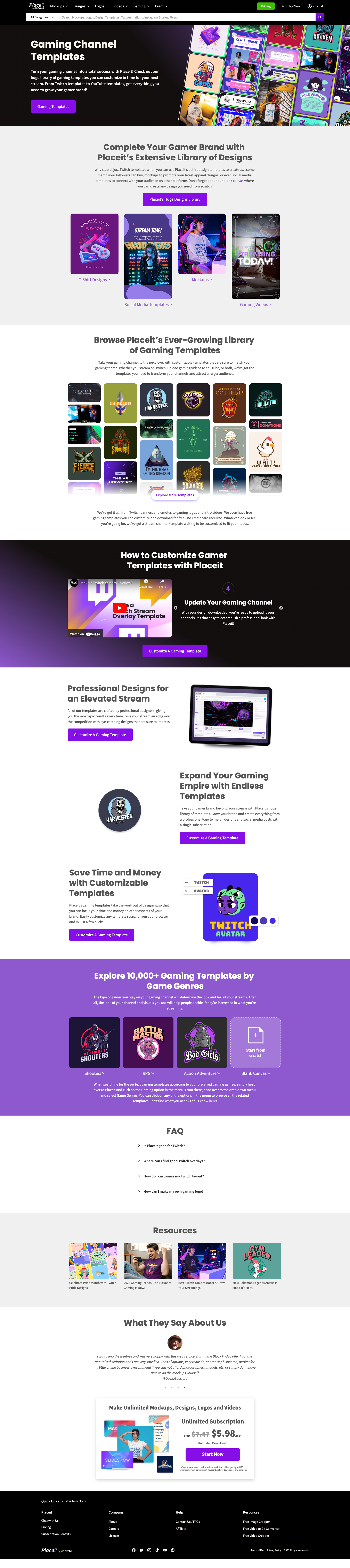 Landing page design featuring gaming channel templates for inexperienced designers.