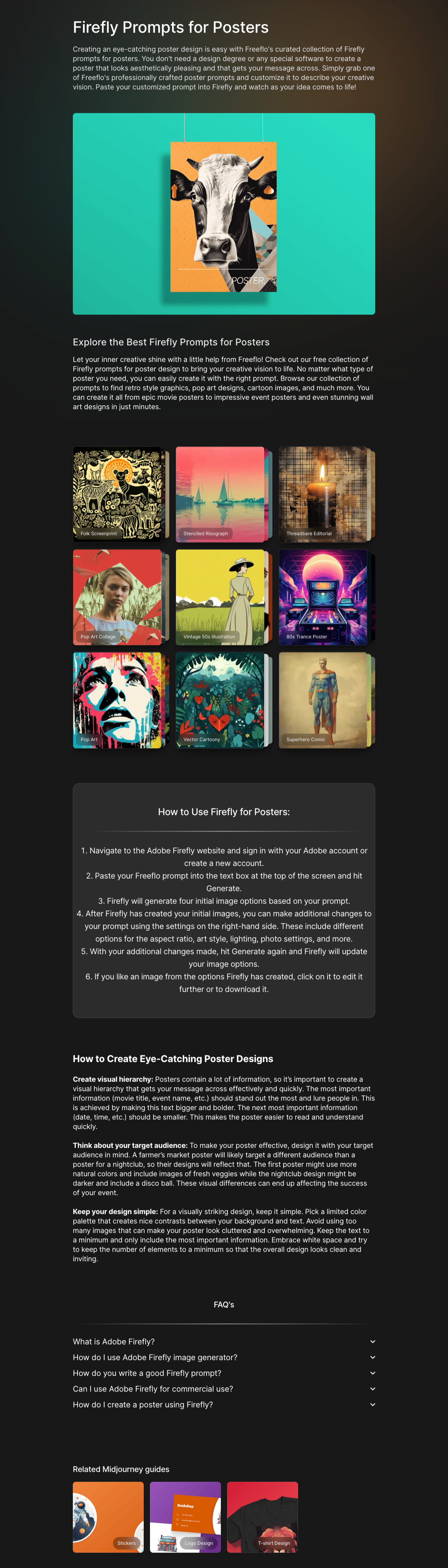 Educational landing page design created to teach users how to use Firefly to create poster designs.