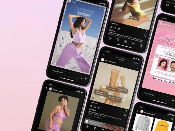 A collection of iPhone mockups featuring different Instagram shops and their products.