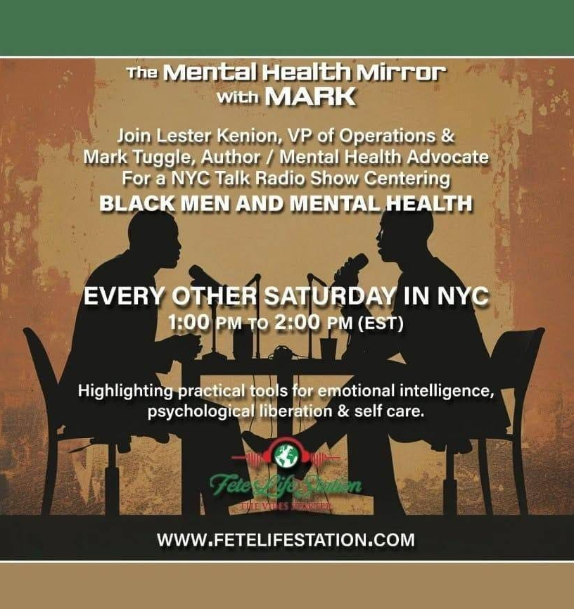Image with text describing The Mental Health Mirror radio show. In the background are two silhouettes of men sitting at a table and talking.