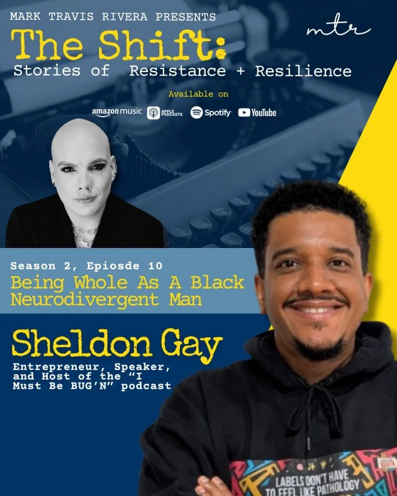 In the top left is a smaller image of Mark Travis Rivera in black and white. In the bottom-right foreground, Sheldon Gay is smiling in a black hoodie.