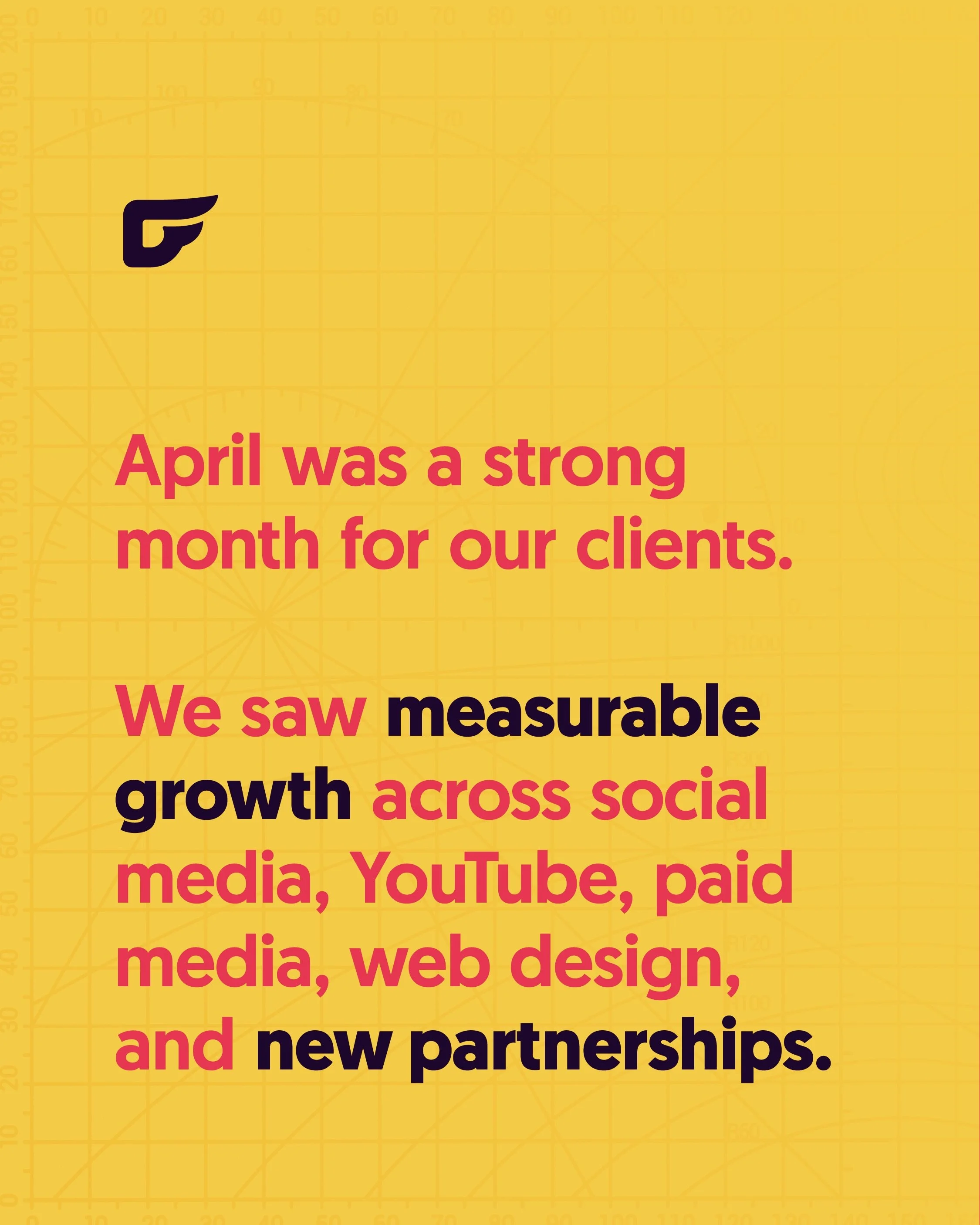 From social media to YouTube subscribers to paid media, April was a month of growth for our clients! We love coming alongside organizations and helping them win in their space. Interesting in winning? Let&rsquo;s chat! 🔗