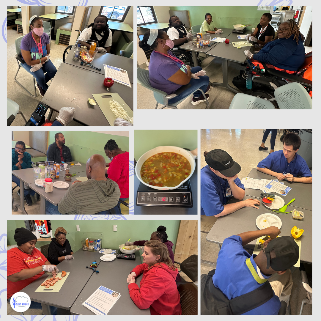 Collage showing various people cutting vegetables and cooking with an induction cooktop.
