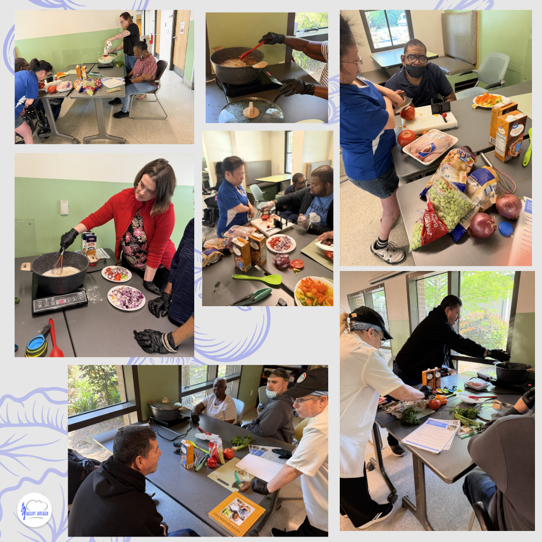 Collage of photos showing a variety of individuals with intellectual and/or physical disabilities cooking, cutting, and stirring while making Gullah Geechee Shrimp Gumbo.