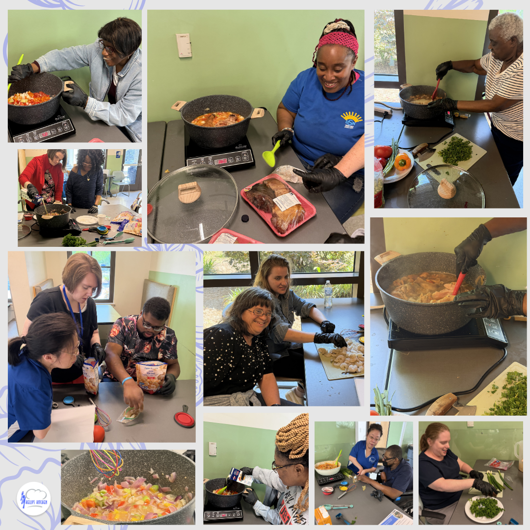 Collage of photos showing a variety of individuals with intellectual and/or physical disabilities cooking, cutting, and stirring while making Gullah Geechee Shrimp Gumbo.