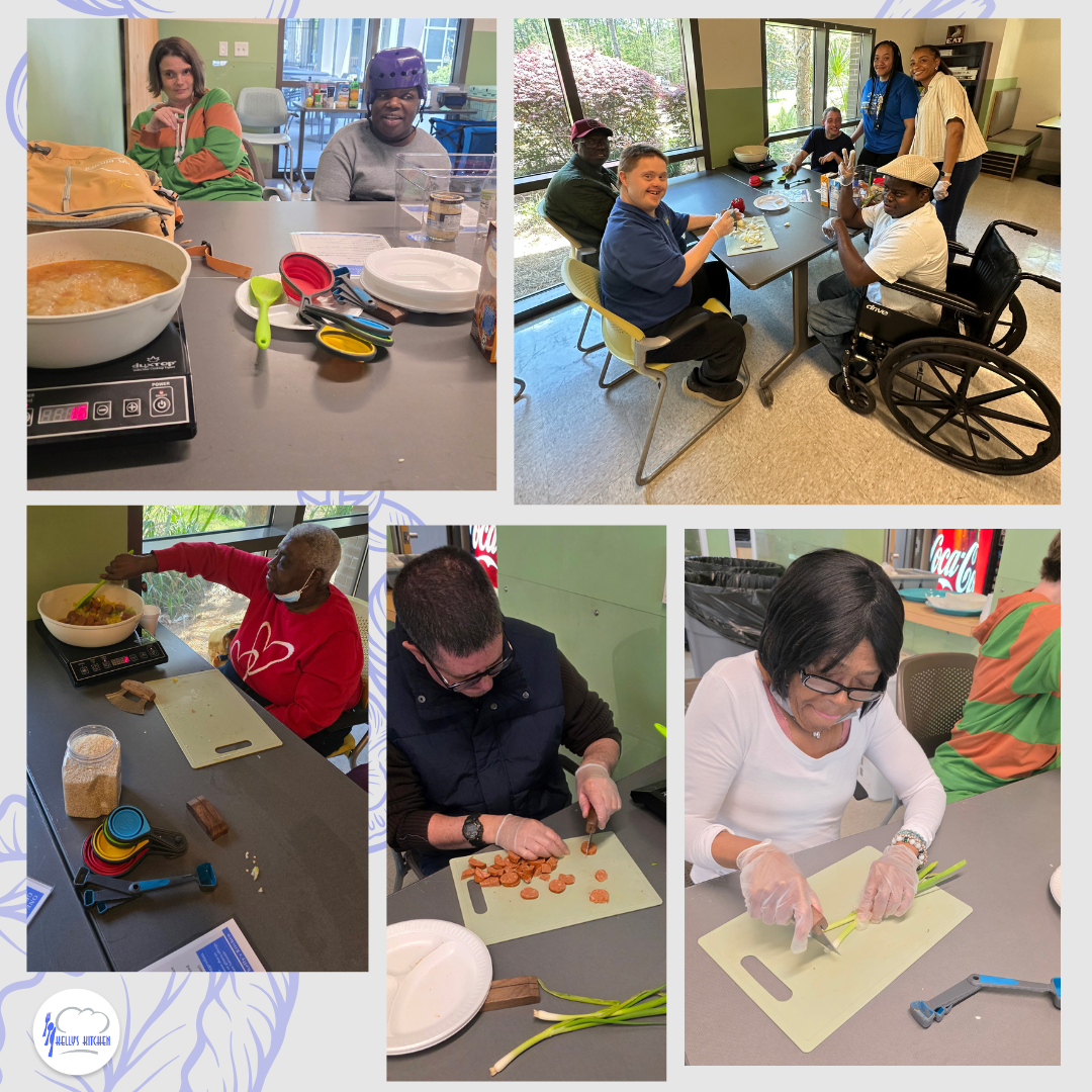 Collage showing various people cutting vegetables and cooking with an induction cooktop.