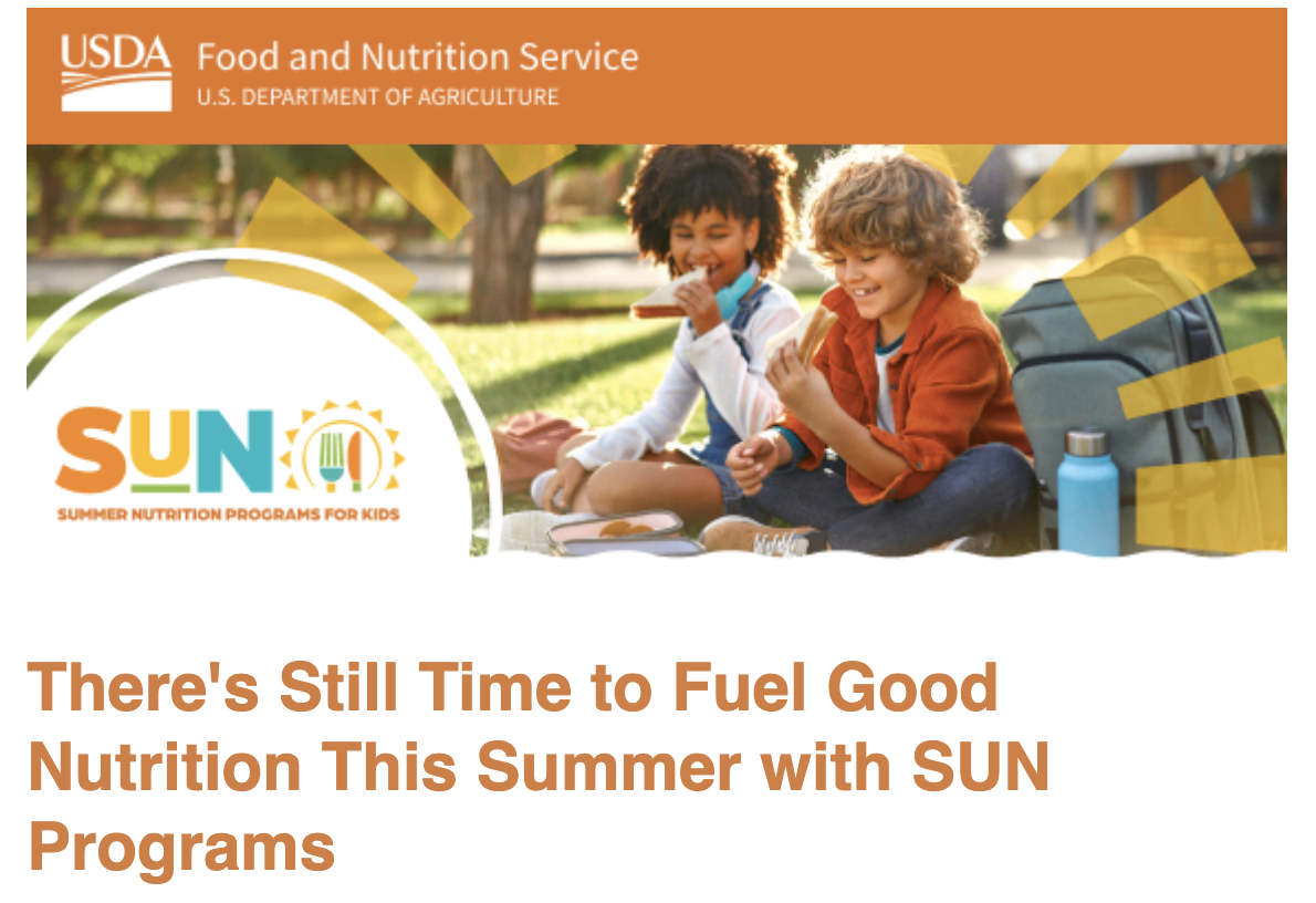 Orange color scheme showing diverse kids eating lunch outside. USDA Food and Nutrition Service US Dept. of Agriculture logo. SUN (Summer Nutrition Programs for Kids) logo. Text: There's still time to fuel good nutrition this summer with SUN programs