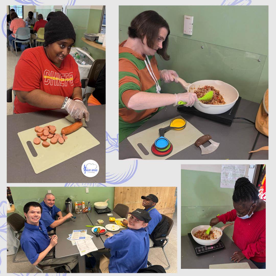 Collage showing various people cutting vegetables and cooking with an induction cooktop.