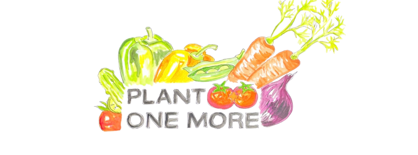 Plant One More logo. Text "Plant One More" with various illustrations of vegetables around the text. Green and orange bell peppers, snap peas, carrots,red tomatoes, cucumber, and a purple onion.