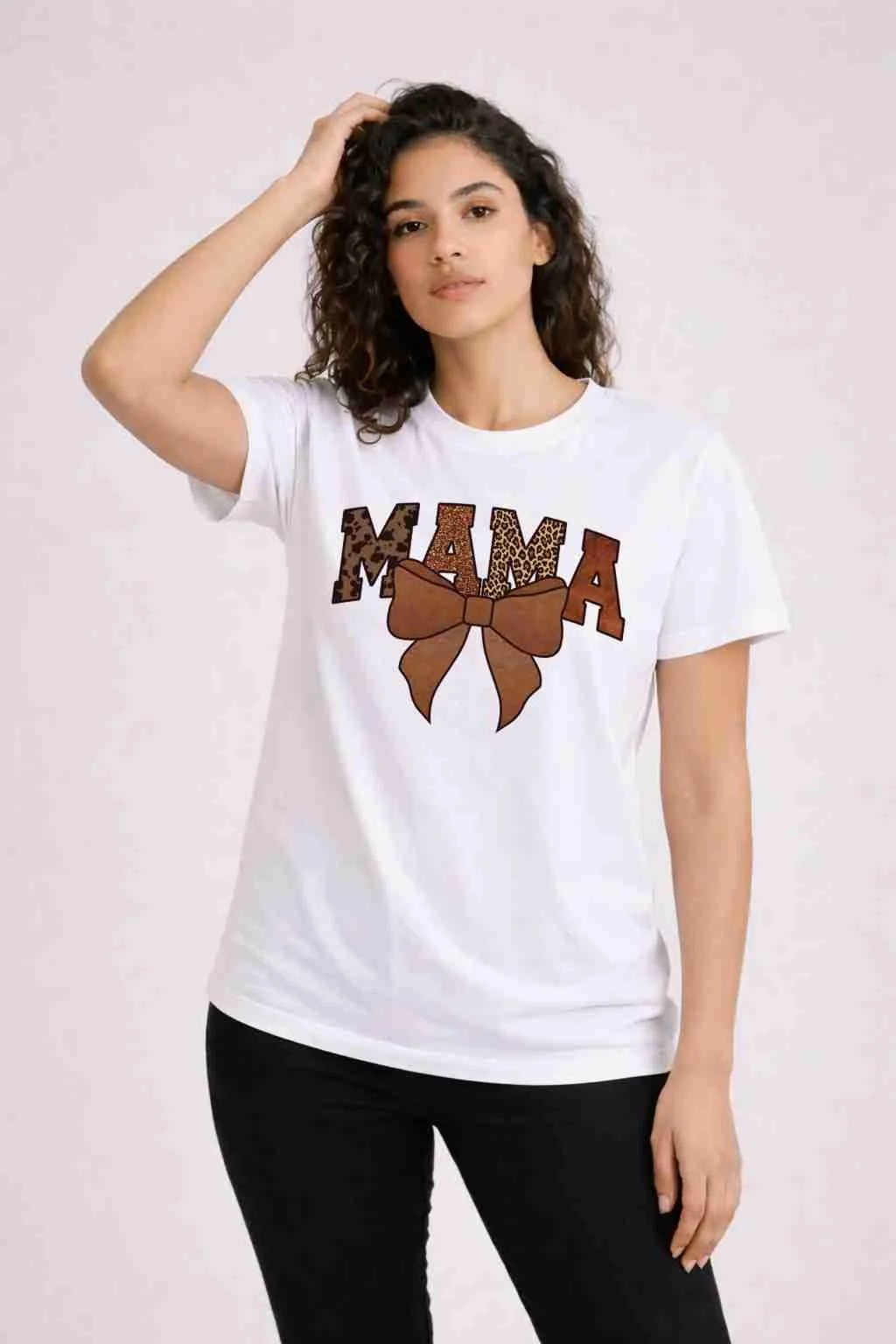 Leopard Glitter Leather Bow Mama T-shirt