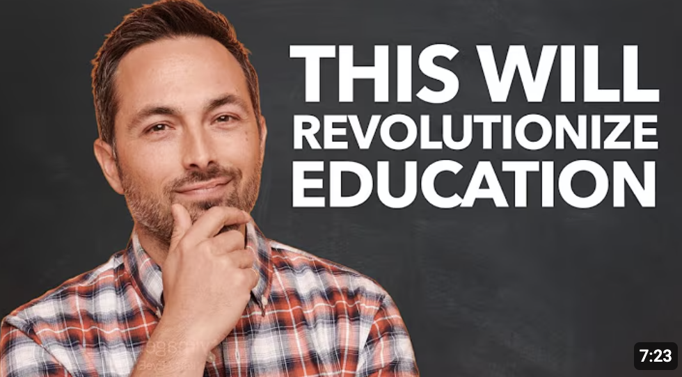 Man with hand on chin, text reading 'THIS WILL REVOLUTIONIZE EDUCATION' beside him.