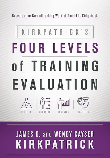 Book cover of "Kirkpatrick's Four Levels of Training Evaluation" by James D. and Wendy Kayser Kirkpatrick, featuring icons for results, behavior, learning, and reaction.