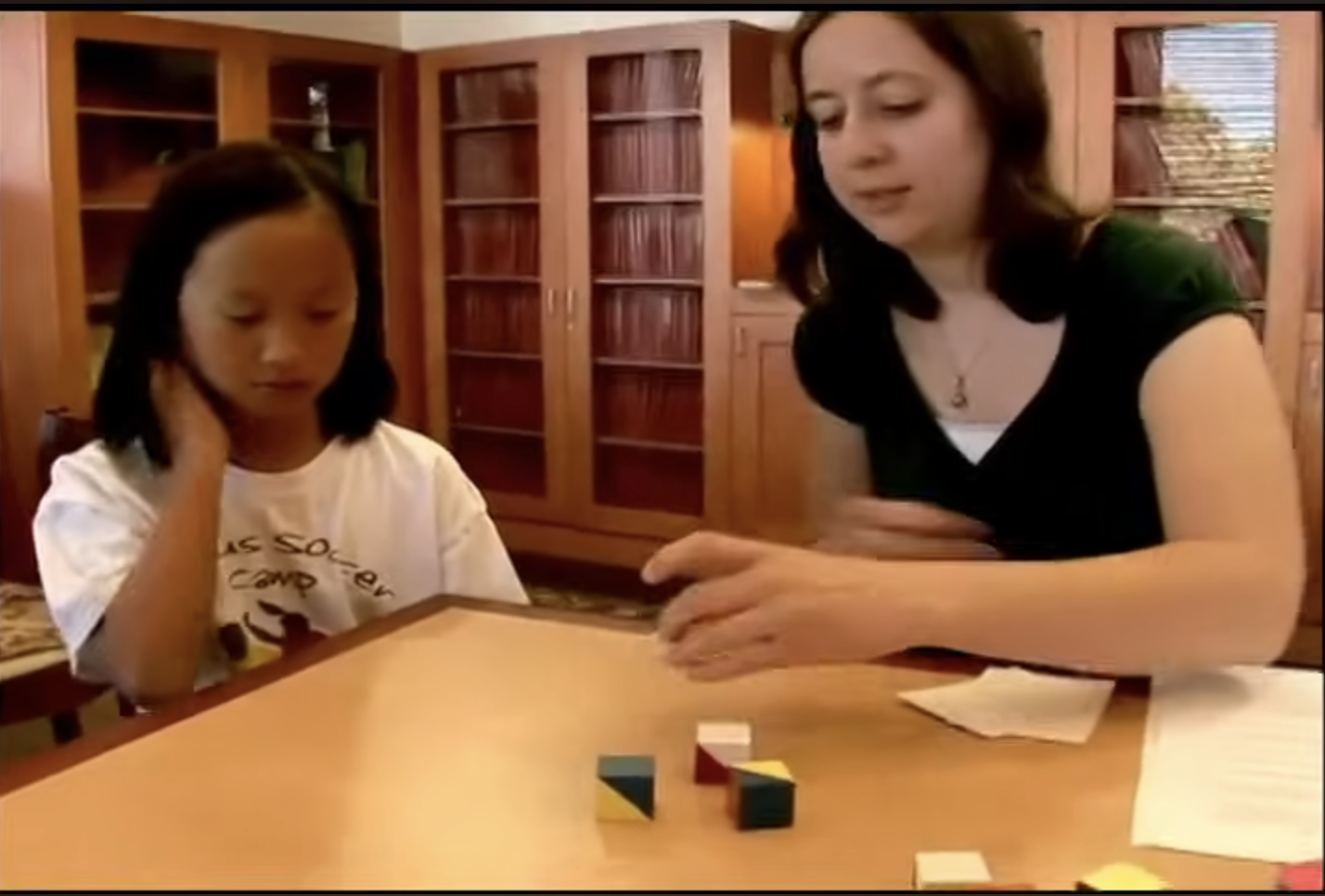 Two people at a table with colorful geometric blocks; a young person on the left and an adult on the right interacting with the blocks in a room with bookshelves.