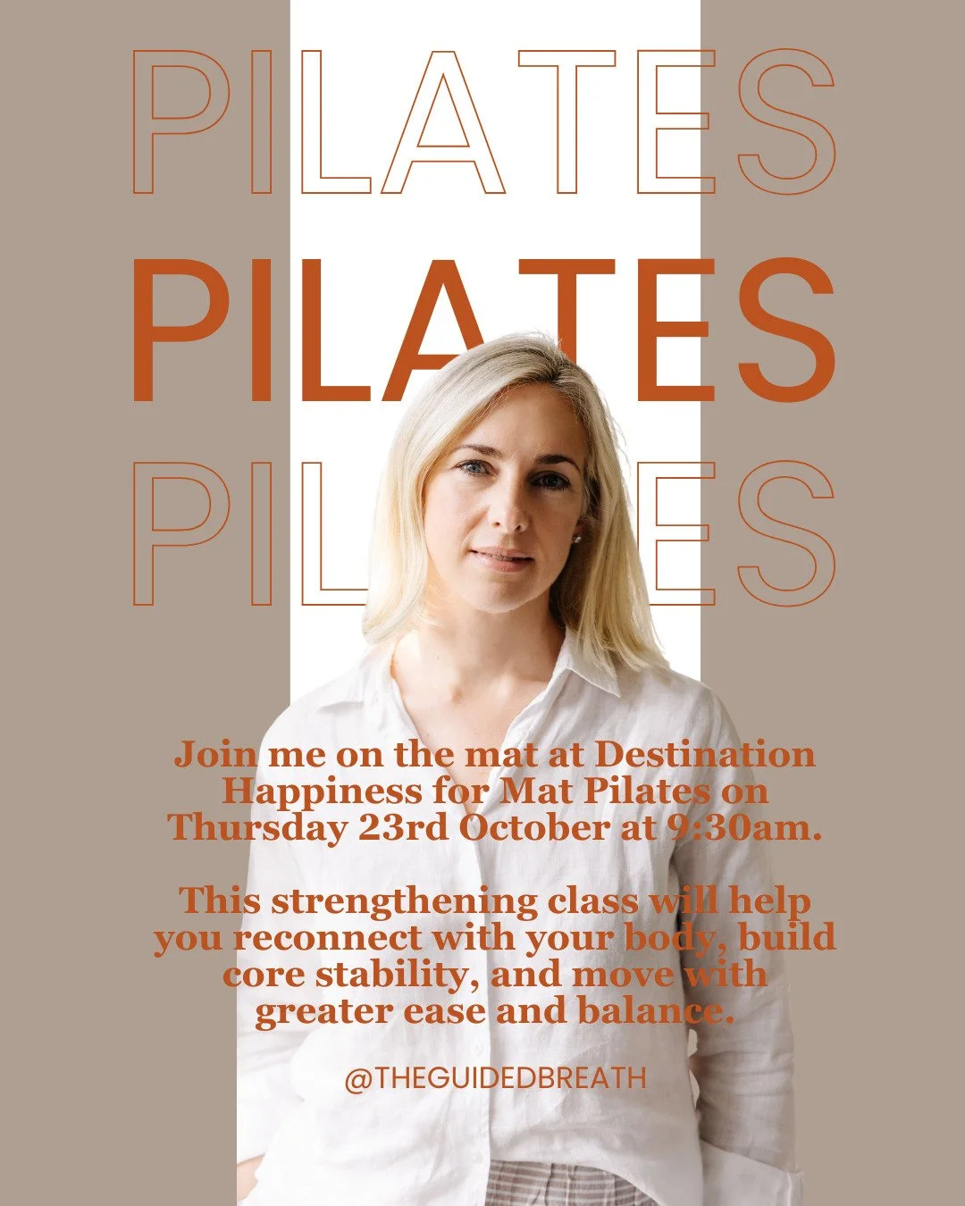 Join me on the mat 

I&rsquo;ll be teaching Mat Pilates at @destination_happines_studio on Thursday 23rd October at 9:30am while the lovely @lindanewmanyoga is away.

This strengthening, mindful movement class will help you reconnect with your body, 