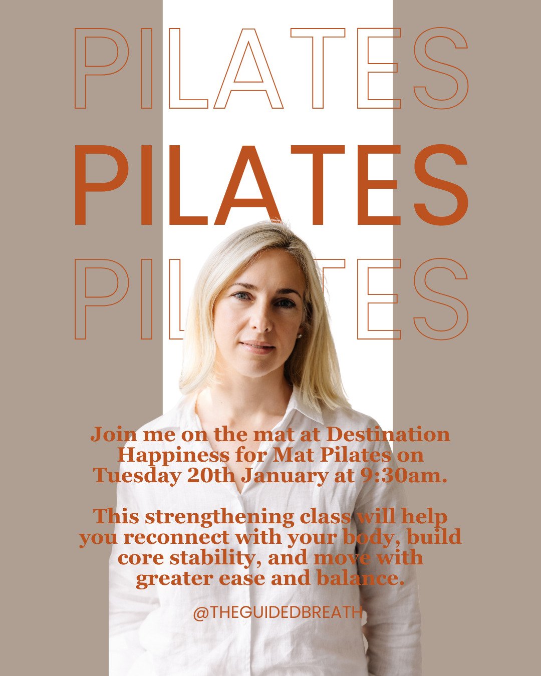 Join me on the mat at Destination Happiness for Mat Pilates

🗓 Tuesday 20 January
⏰ 9:30am

This strengthening class is an opportunity to reconnect with your body while building core stability, balance, and ease in movement.

We&rsquo;ll move with i