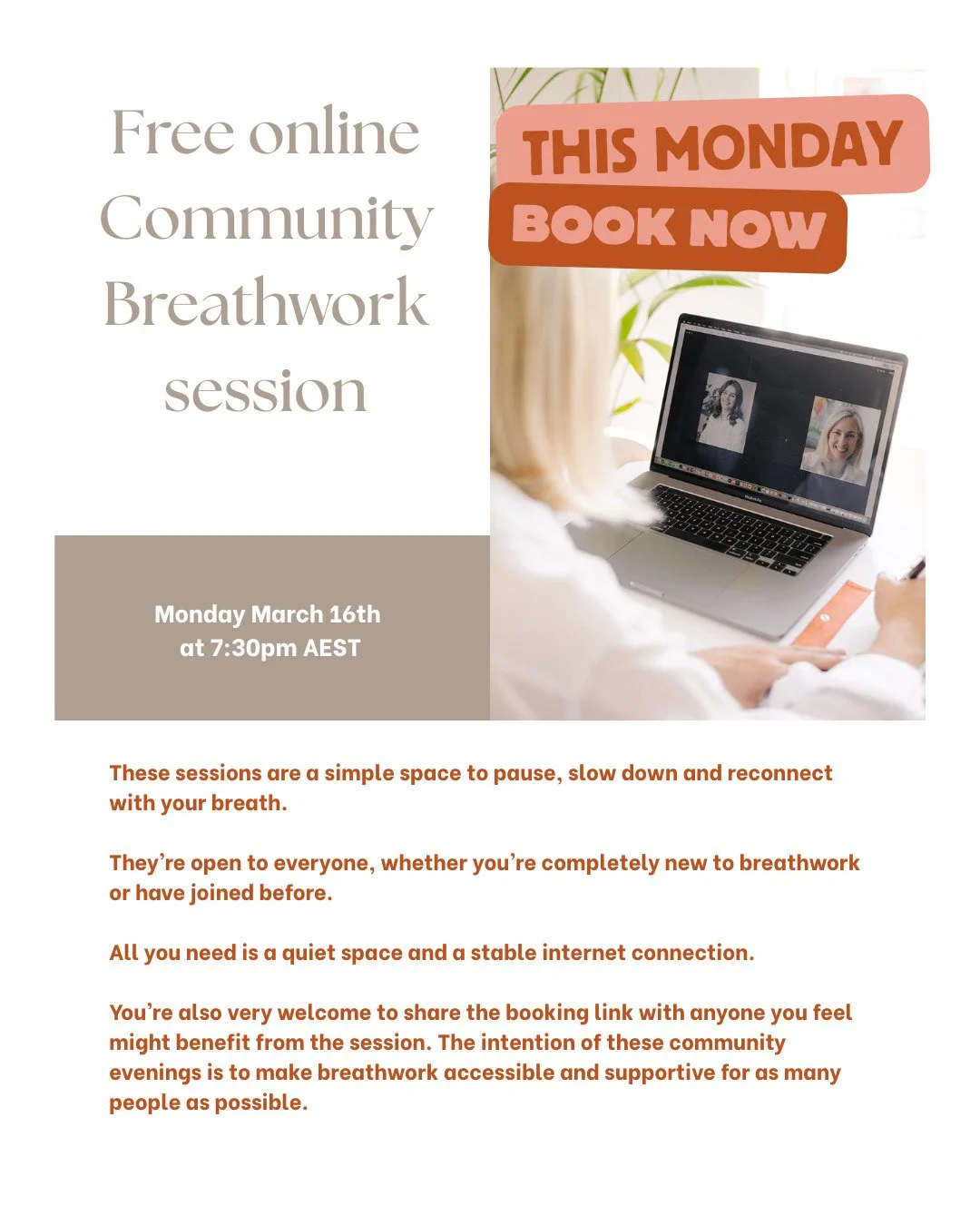 FREE ONLINE COMMUNITY BREATHWORK - THIS MONDAY 7.30PM - BOOK NOW

These sessions are a simple space to pause, slow down and reconnect with your breath. 

They&rsquo;re open to everyone, whether you&rsquo;re completely new to breathwork or have joined