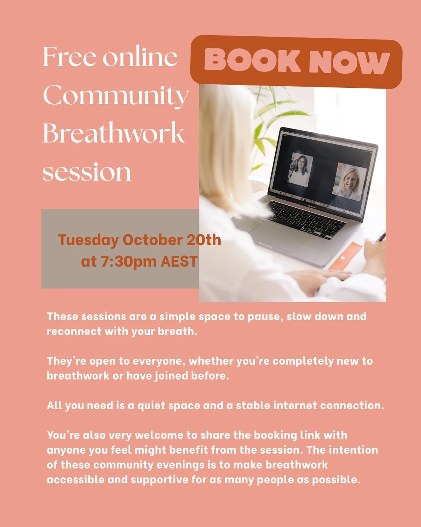 You don&rsquo;t need another thing to add to your to-do list.

You might just need 45 minutes to stop doing.

Join me online for a free community breathwork session on Monday 20 October at 7:30pm.

A chance to step away from the noise, slow things do