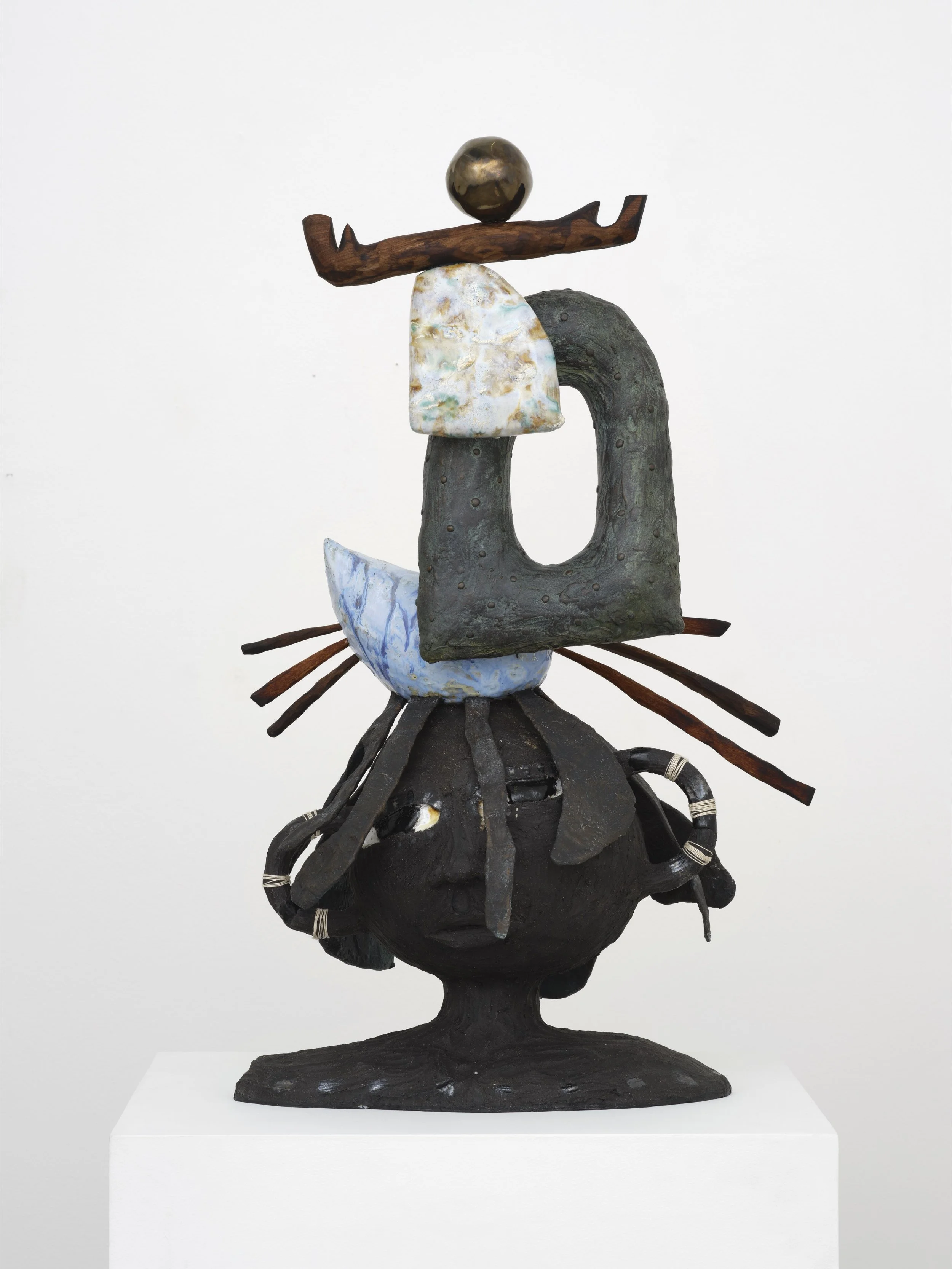Josh Cloud
 Siren , 2025
Ceramic, mahogany, black walnut, plaster, and
cotton chord
38 x 20 x 15 in
96.5 x 50.8 x 38.1 cm
(JCL25.006)