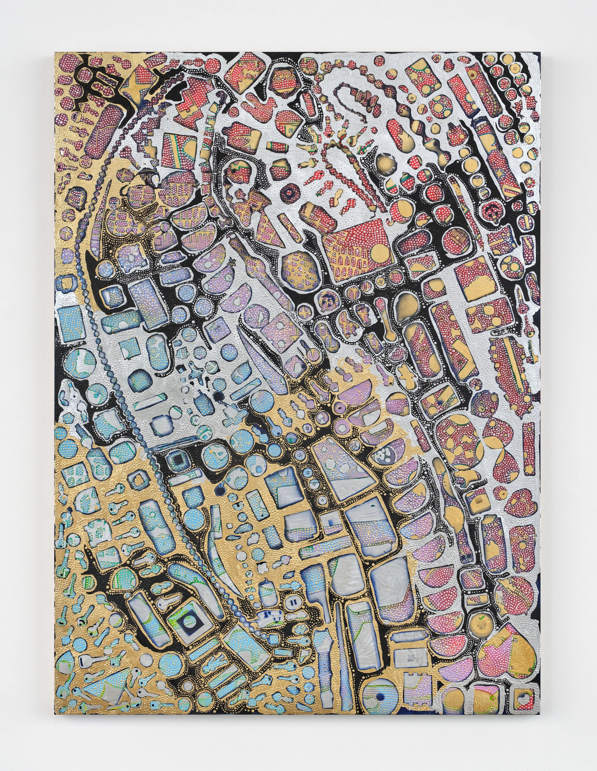 Mindy Shapero Untitled, 2026 Acrylic, gold and silver leaf on line 66 x 44 in 167.6 x 111.8 cm (MS26.001)