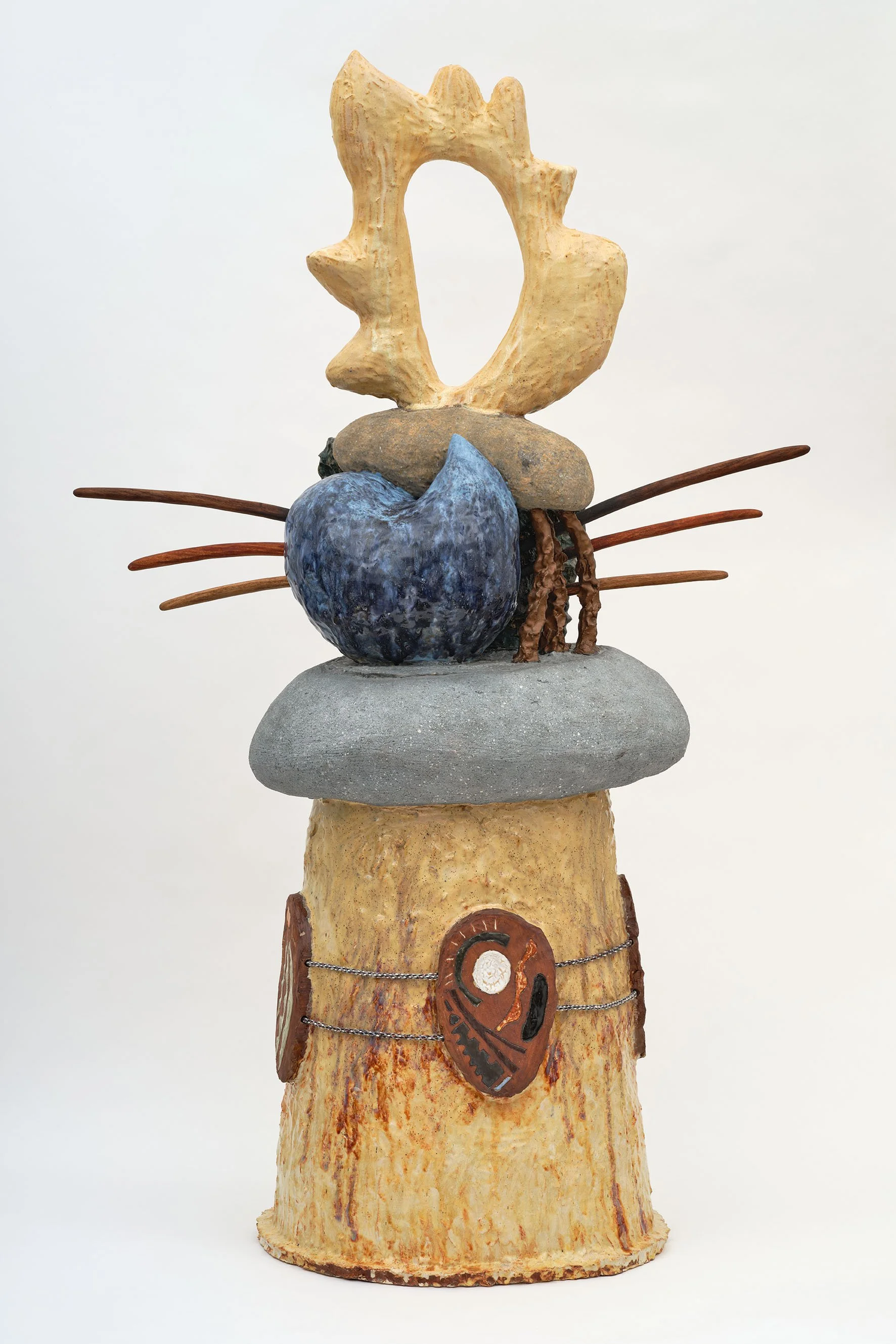 Josh Cloud Totem, 2026 Ceramic, black walnut, mahogany, oak, bronze metal coating, cotton and acrylic cord 57 x 20 x 19 in 144.8 x 50.8 x 48.3 cm (JCL26.008)