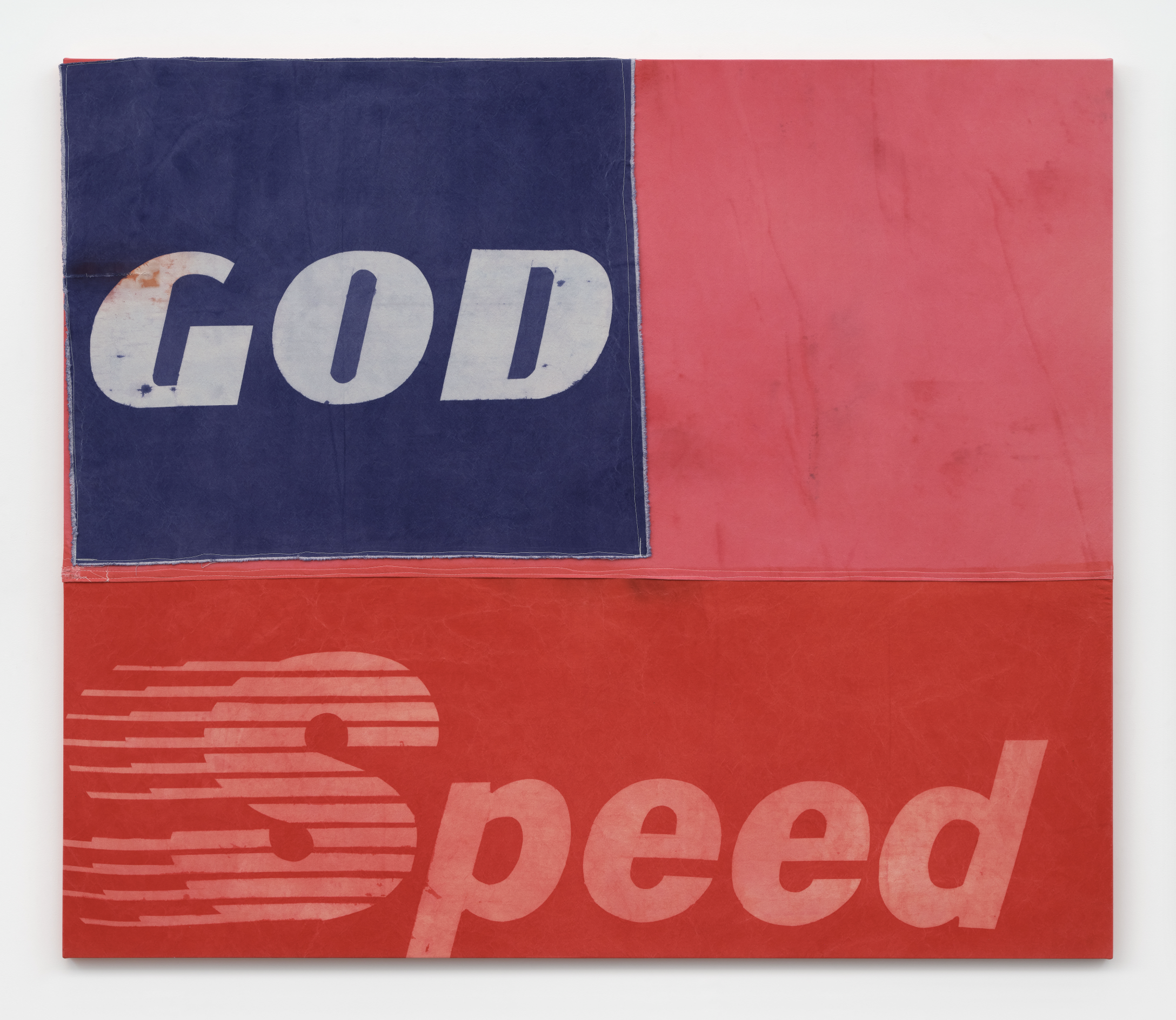   Nicolas Shake Mercury-Atlas 6 (GOD Speed), 2026 Dye on canvas, nylon thread, heat fused patches, weathered and laundered 72 x 84 in 182.9 x 213.4 cm