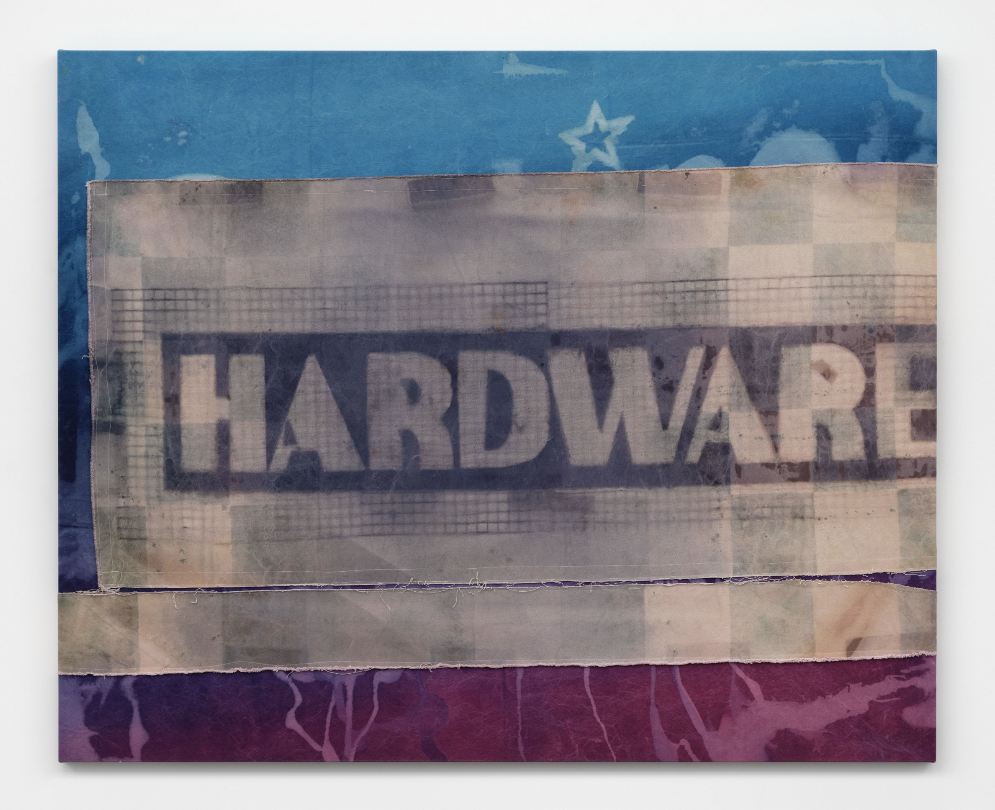 Foreign Object Debris (HARDWARE), 2026 Dye on canvas, nylon thread, weathered and laundered 68 x 84 in 172.7 x 213.4 cm