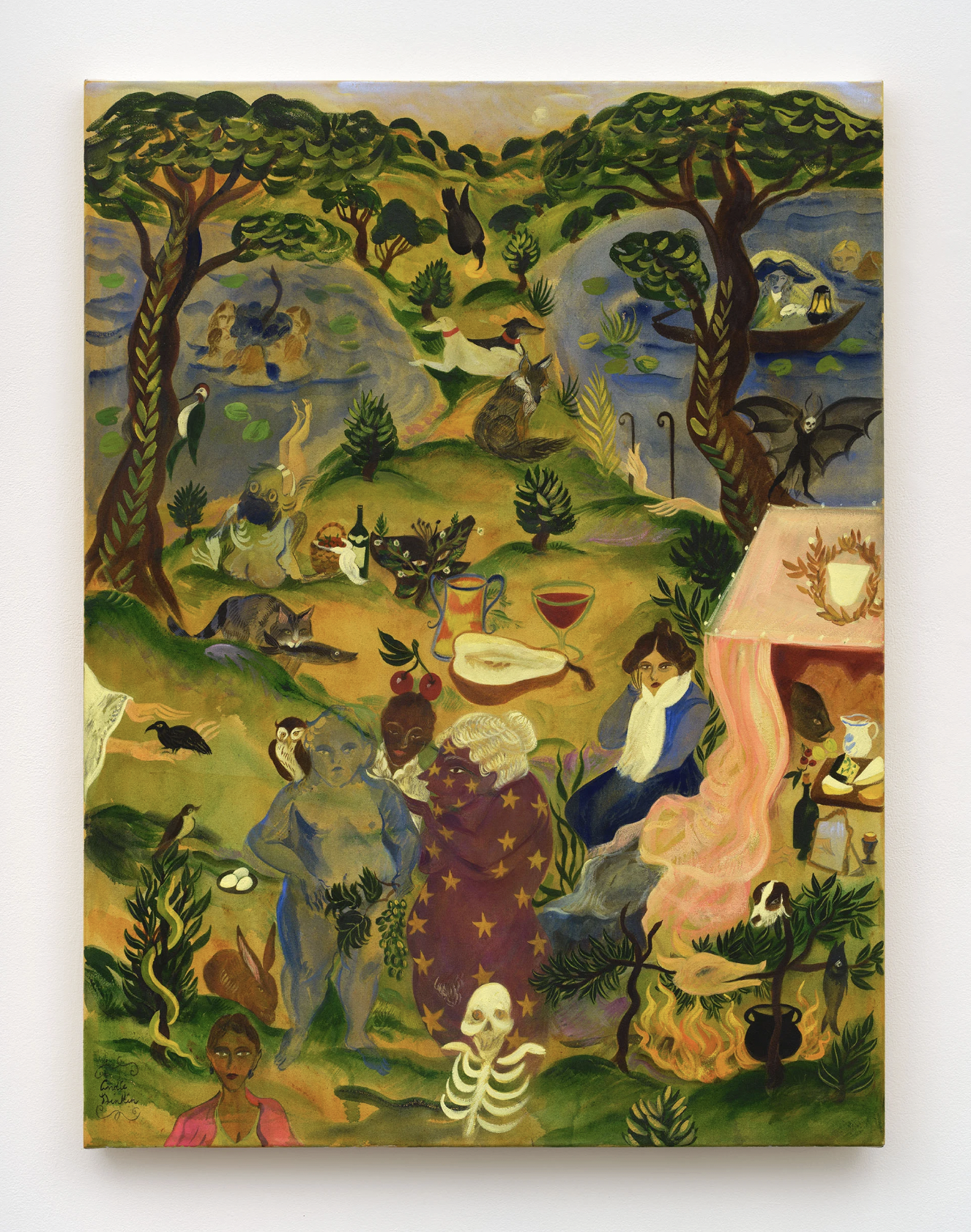 Andie Dinkin Beatrice and Friends, 2026 Acrylic, gouache, ink, and charcoal on canvas 48 x 36 in 121.9 x 91.4 cm
