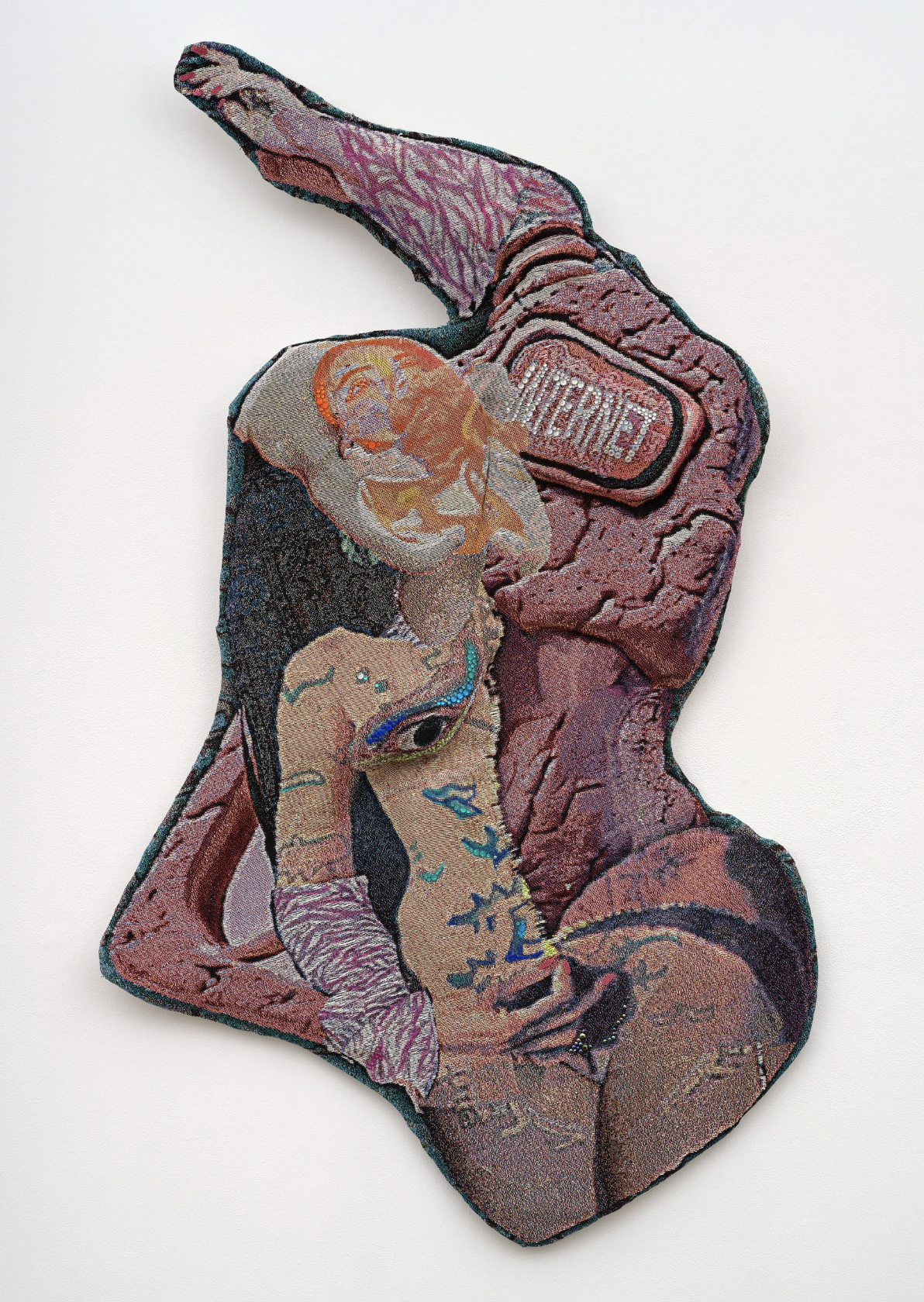 Vita Kari Child of the Internet, 2026 Acrylic and fabric paint on woven jacquard, glass beads, rhinestones, and wood 50 x 40 x 8 in 127 x 101.6 x 20.3 cm (VK26.001)
