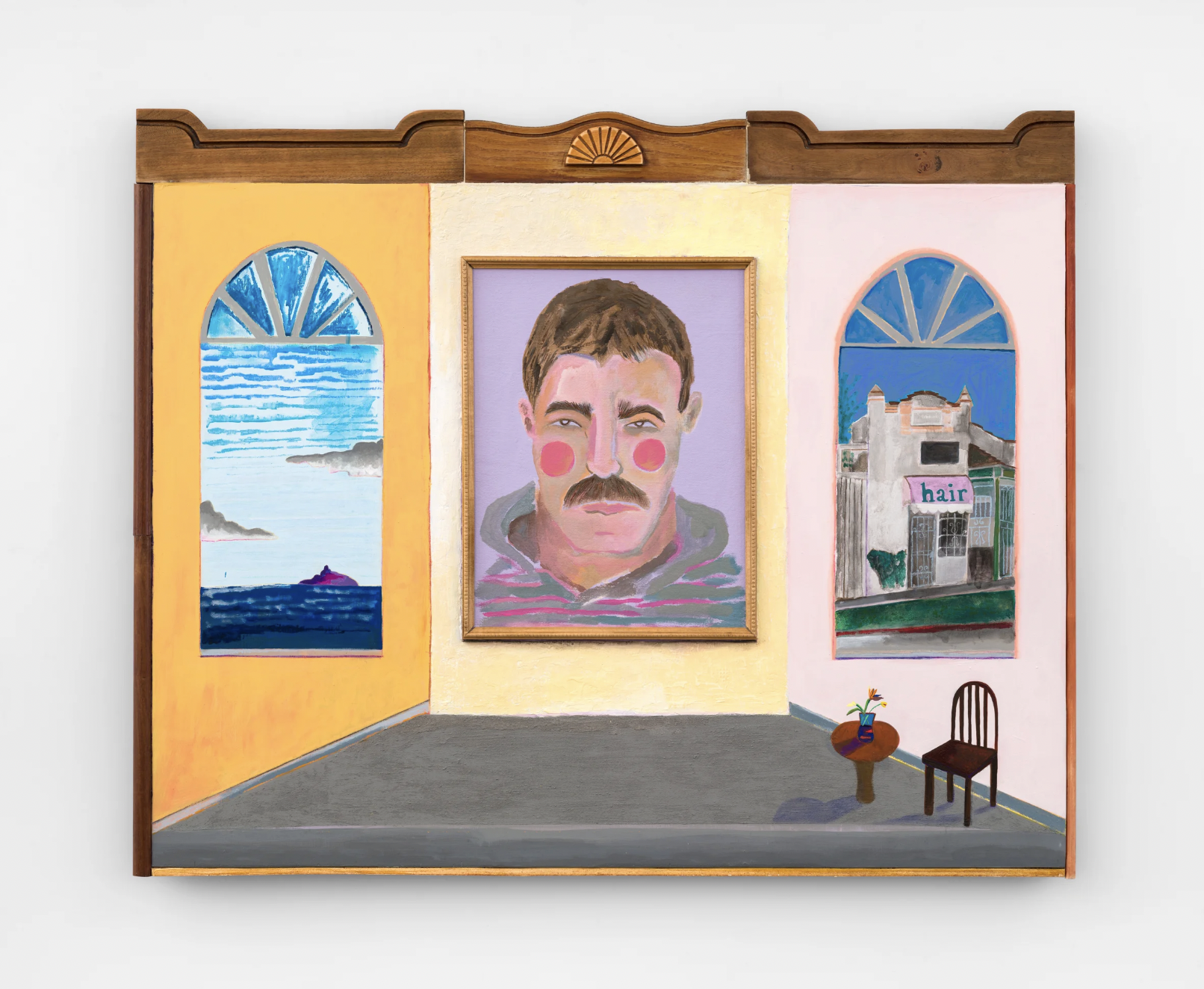 Luke Forsyth Navel Gazing, 2026 Watercolor ground, watercolor pencil, acrylic, colored pencil, gouache and pastel on panel with artist frame 33 x 42 in 83.8 x 106.7 cm (LF26.001)