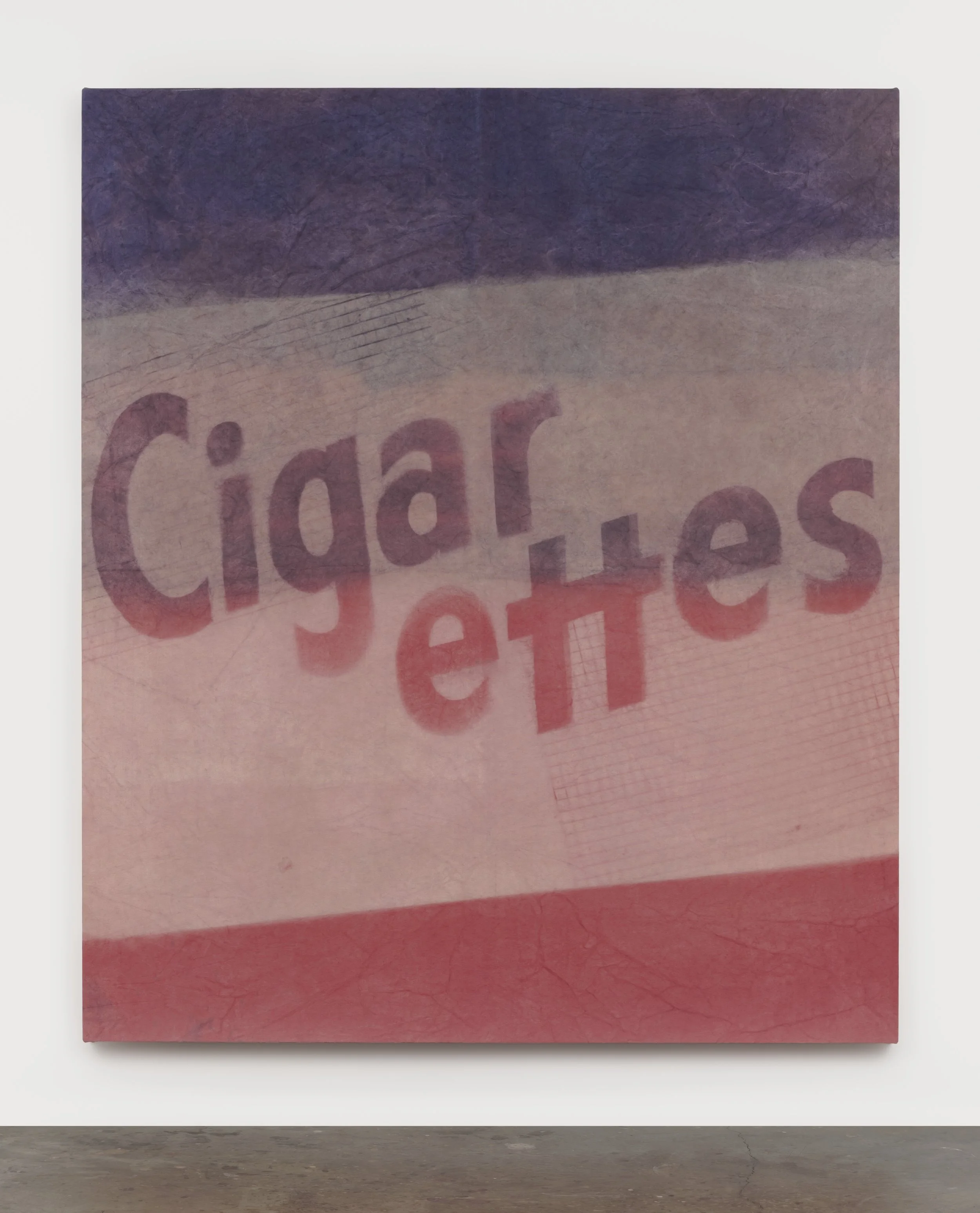 Nicolas Shake, Cigarettes , 2025 dye on canvas weathered and laundered 84 x 72 x 2 in 213.4 x 182.9 x 5.1 cm (NSH25.036)