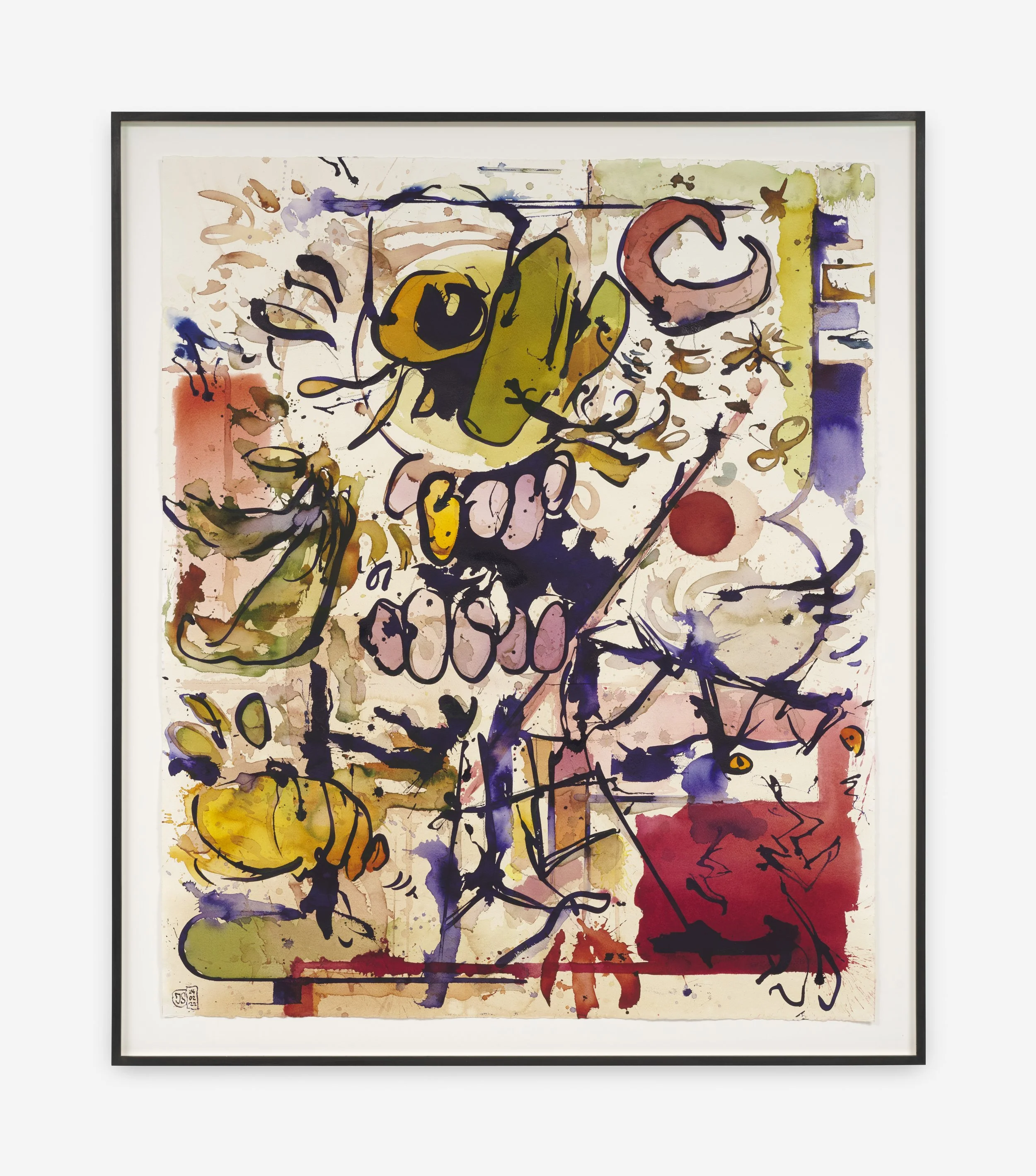 Jan-Ole Schiemann
 UNTITLED (PURPIL) , 2022
Ink, watercolor on paper
49 1/2 x 42 3/8 x 1 5/8 in (framed)
125.8 x 107.5 x 4 cm (framed)
(JS22.026)