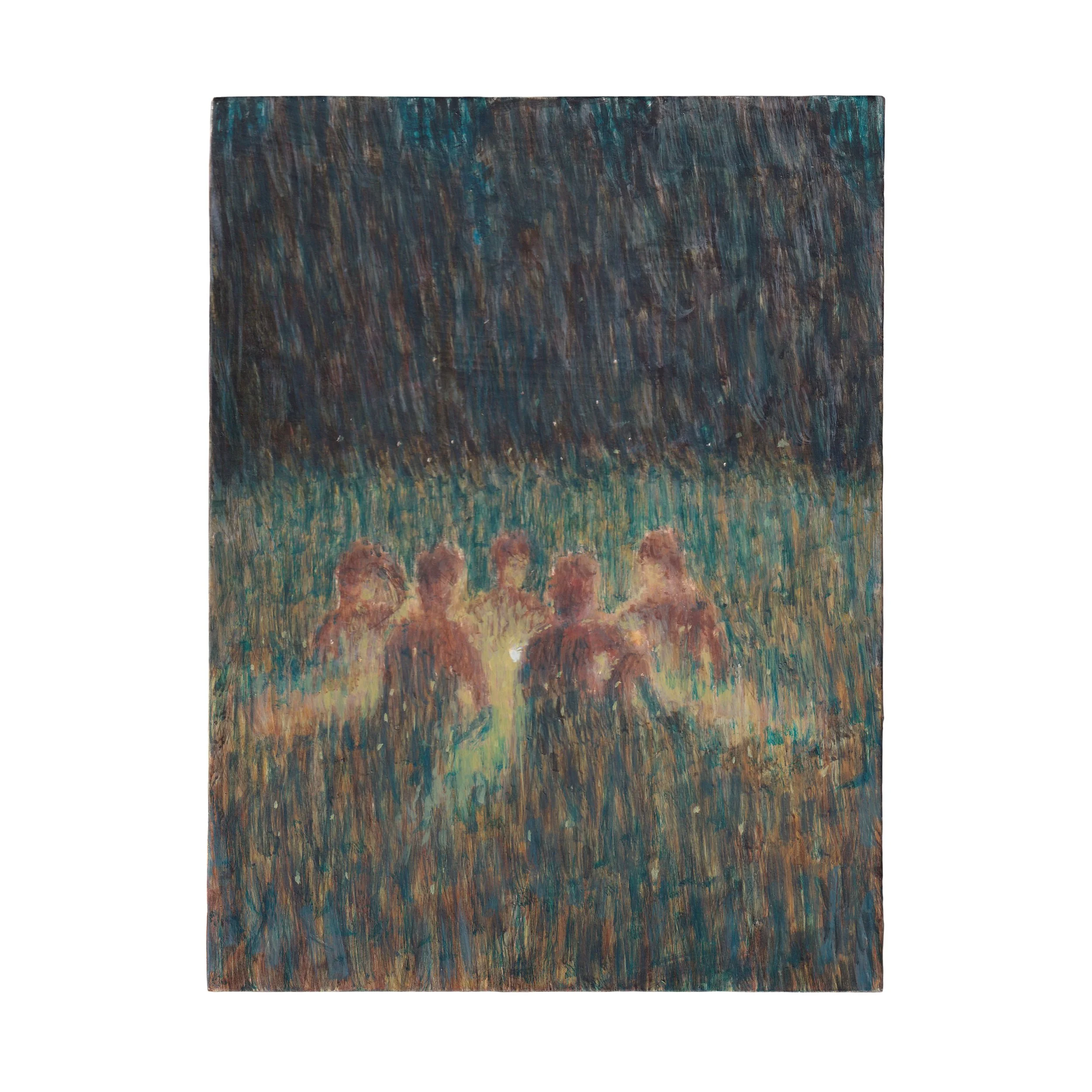 Mason Owens five young artists discussing their futures, 2025 egg tempera on panel 8 x 6 in 20.3 x 15.2 cm