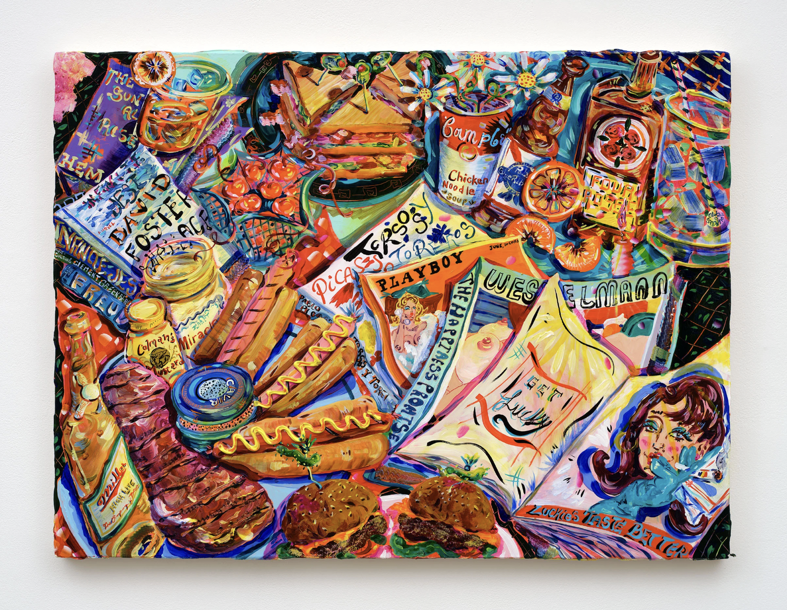 Kate Pincus Whitney Love to Hate: Good Ole Boys Club Sandwich (I hope I brought my library card because I'm checking you out), 2026 Acrylic, polycolor, and gouache on canvas 30 x 40 in 76.2 x 101.6 cm (KPW26.001 )