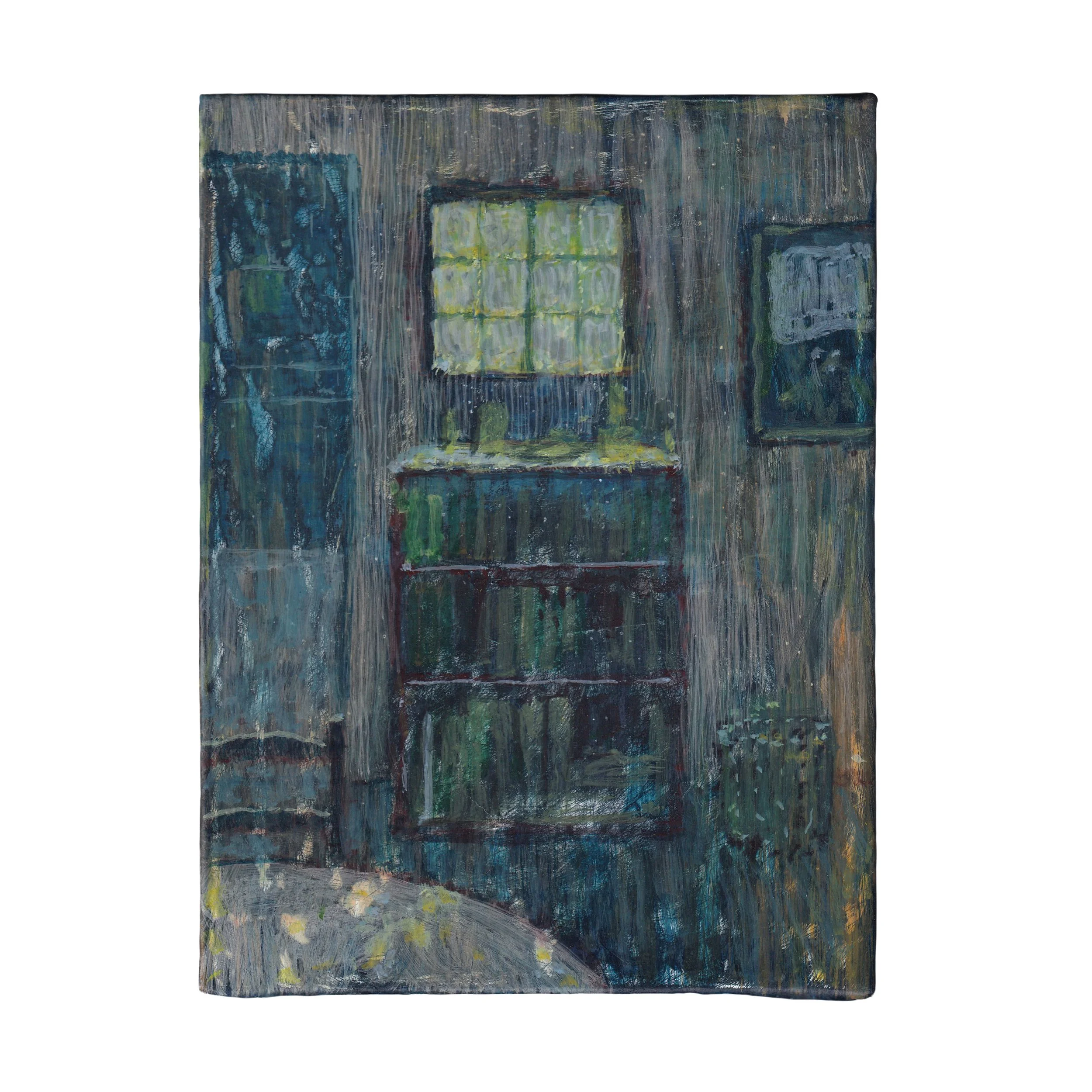 do you remember the small window above the bookcase?, 2025 egg tempera on linen mounted on panel 8 x 6 in 20.3 x 15.2 cm