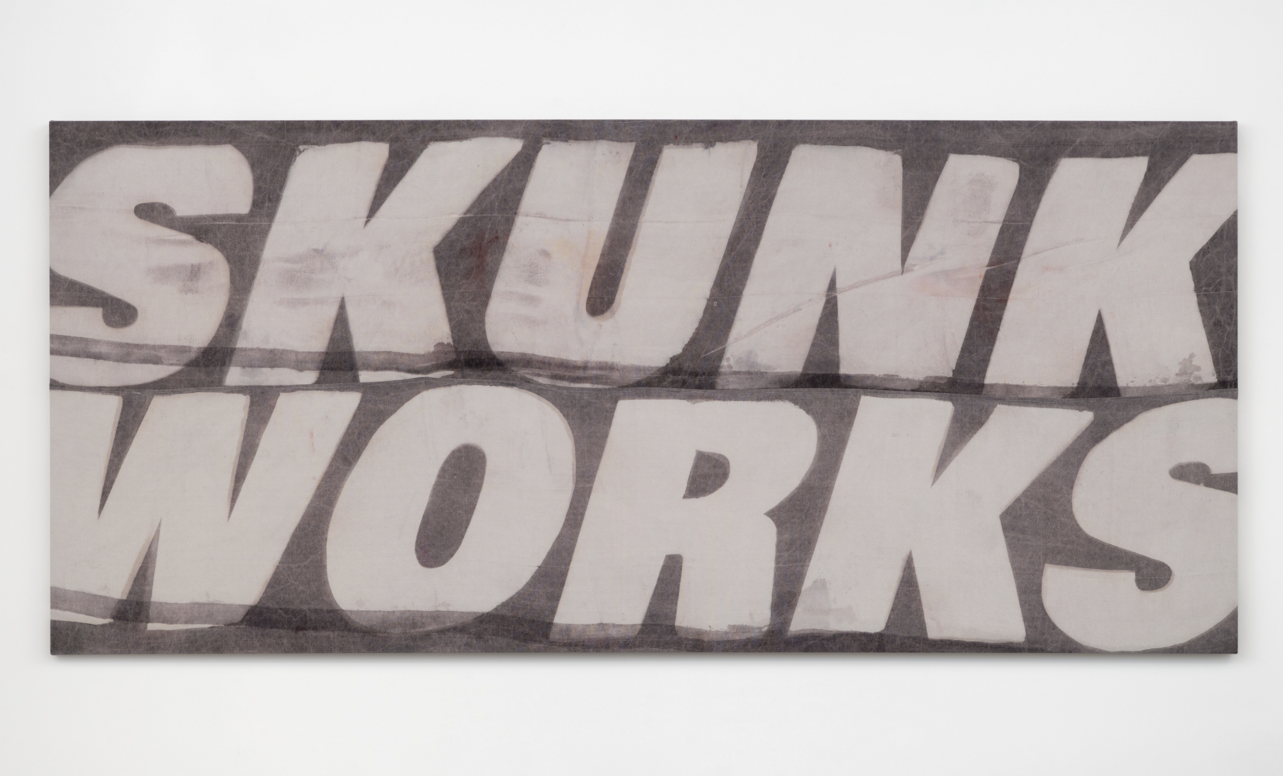 Moonshine and Stealth Recon (SKUNK WORKS), 2026 Dye on canvas, nylon thread, heat fused patches, weathered and laundered 70 x 156 in 177.8 x 396.2 cm