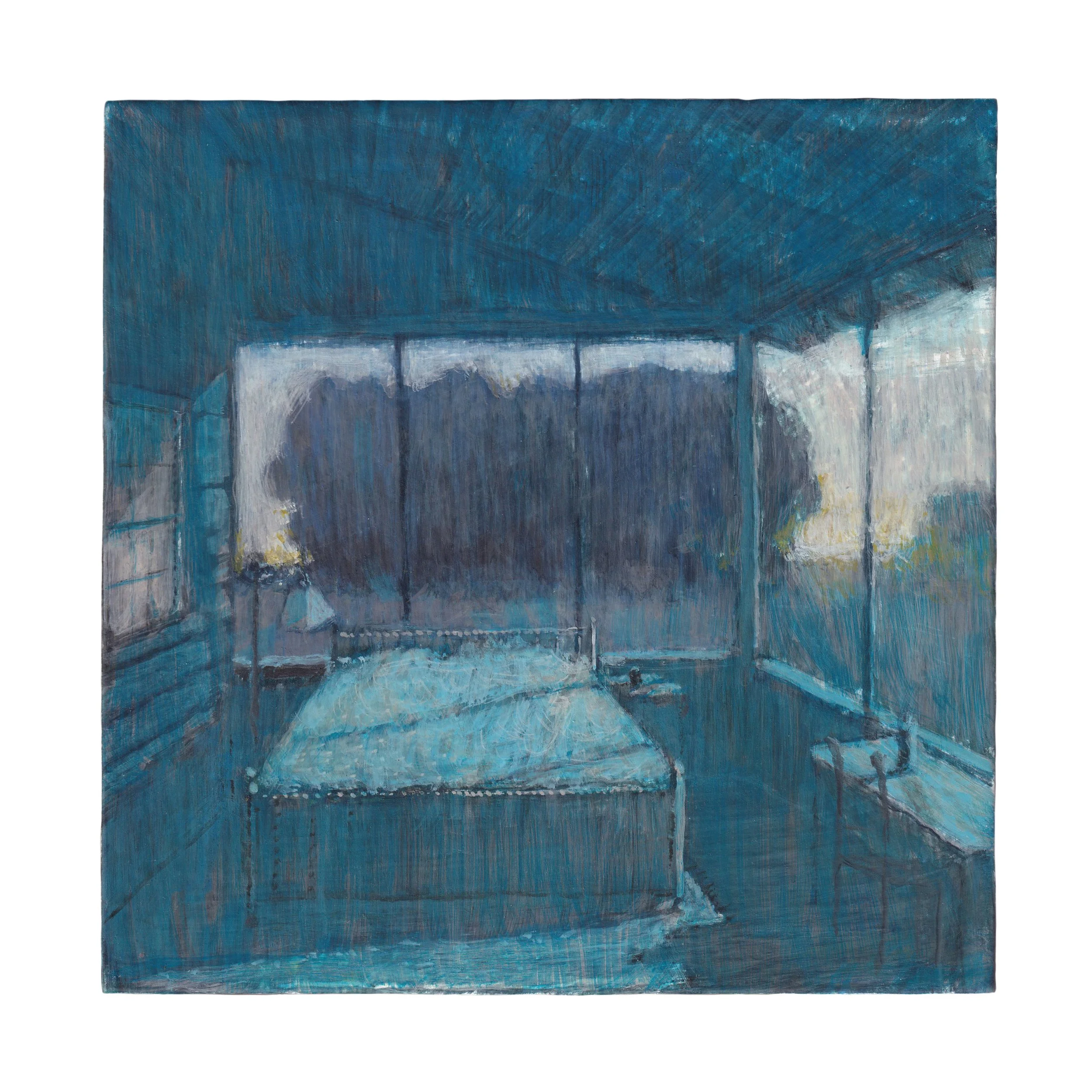 we moved the bed to the porch, 2025 Egg tempera on panel 8 x 8 in 20.3 x 20.3 cm
