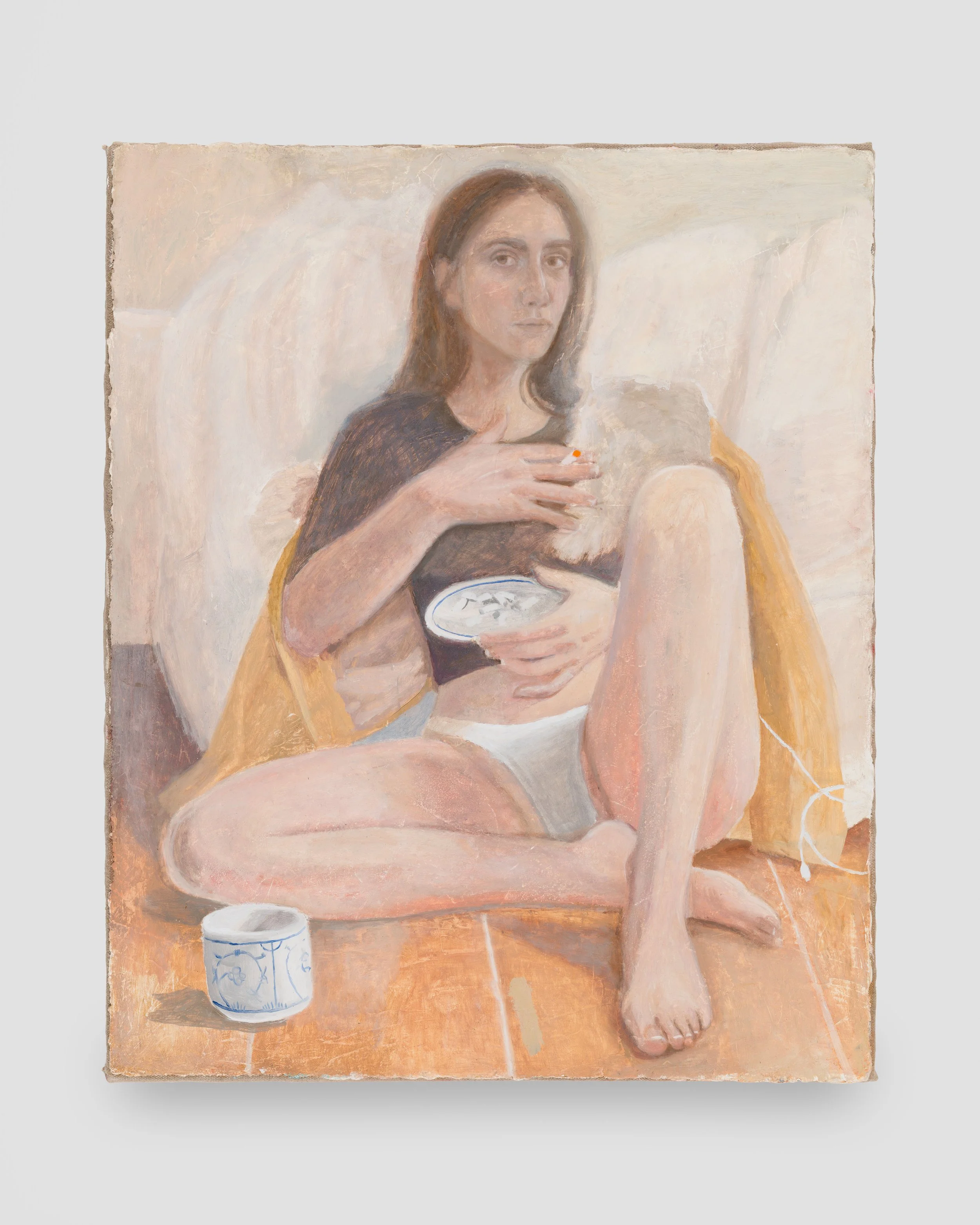 Flora Temnouche Self portrait with a plate, 2026 Oil on canvas 28 x 23 1/2 in / 71.1 x 59.7 cm